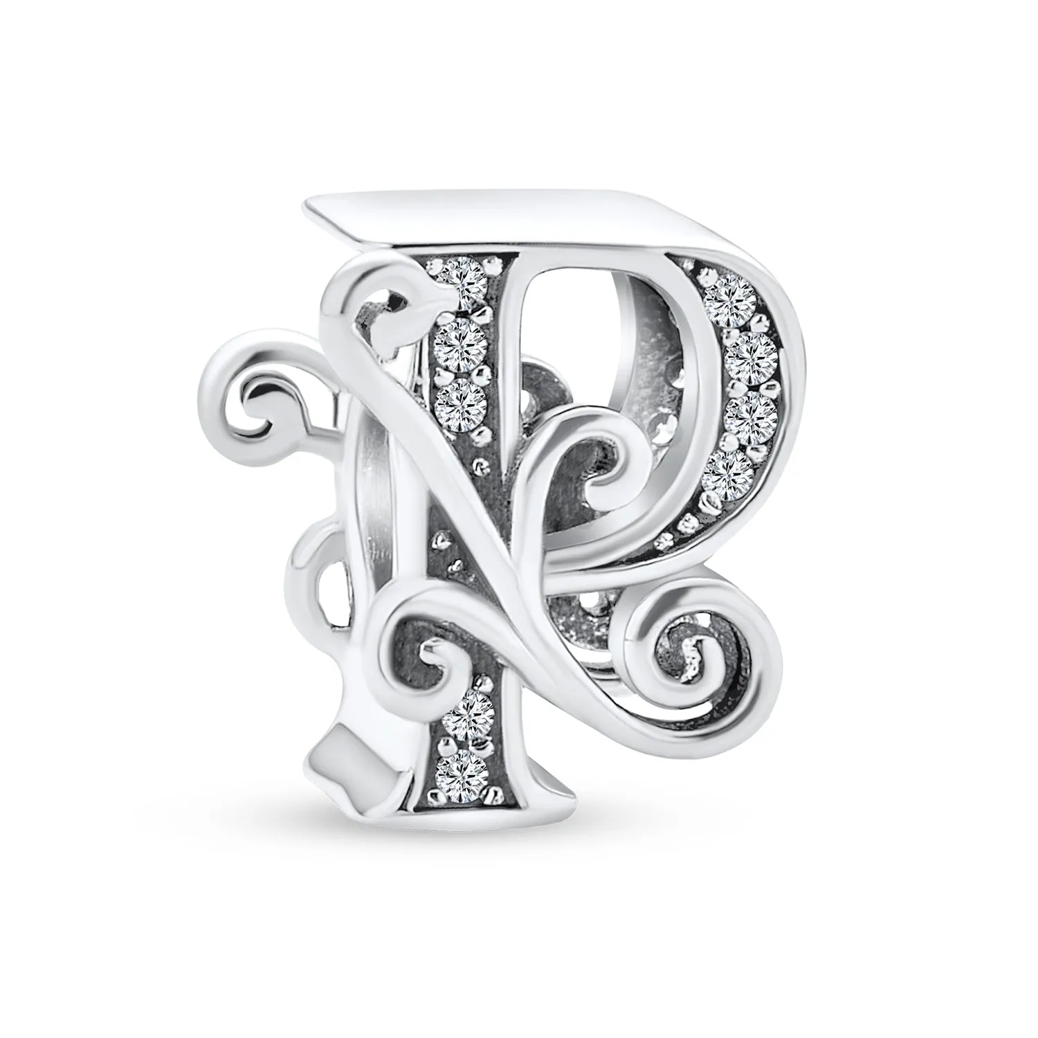 Alphabet Initial Fancy CZ Block Letter Bead Charm .925Sterling Silver