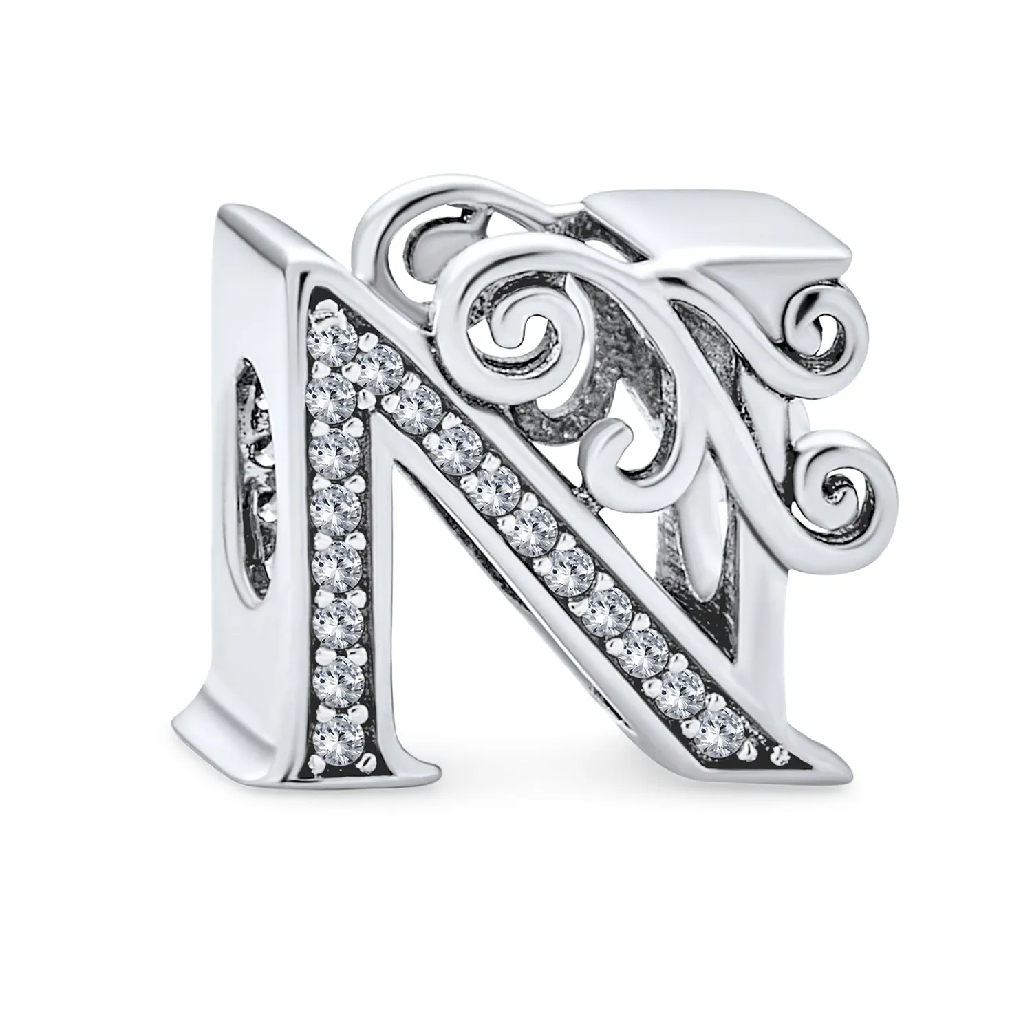 Alphabet Initial Fancy CZ Block Letter Bead Charm .925Sterling Silver