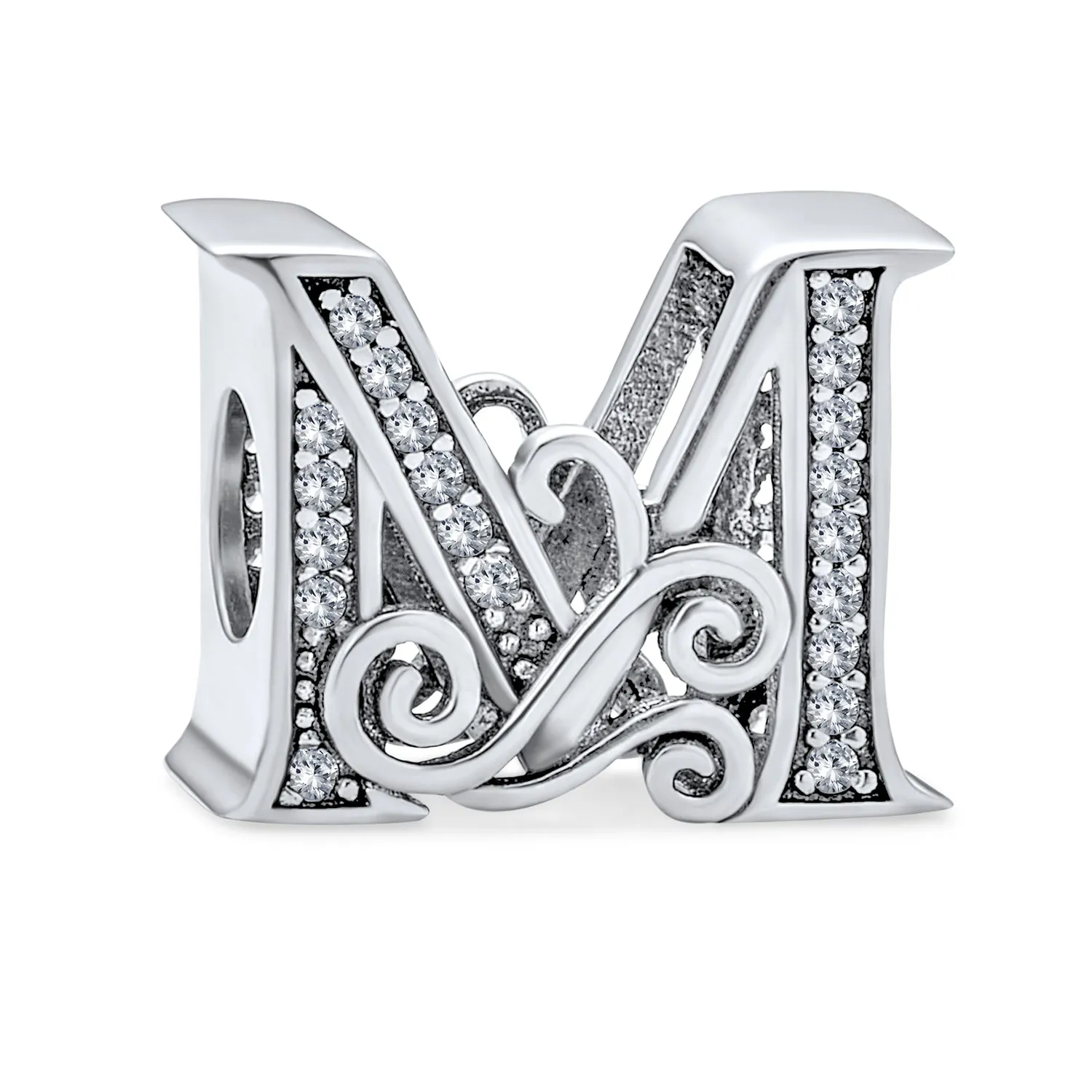Alphabet Initial Fancy CZ Block Letter Bead Charm .925Sterling Silver