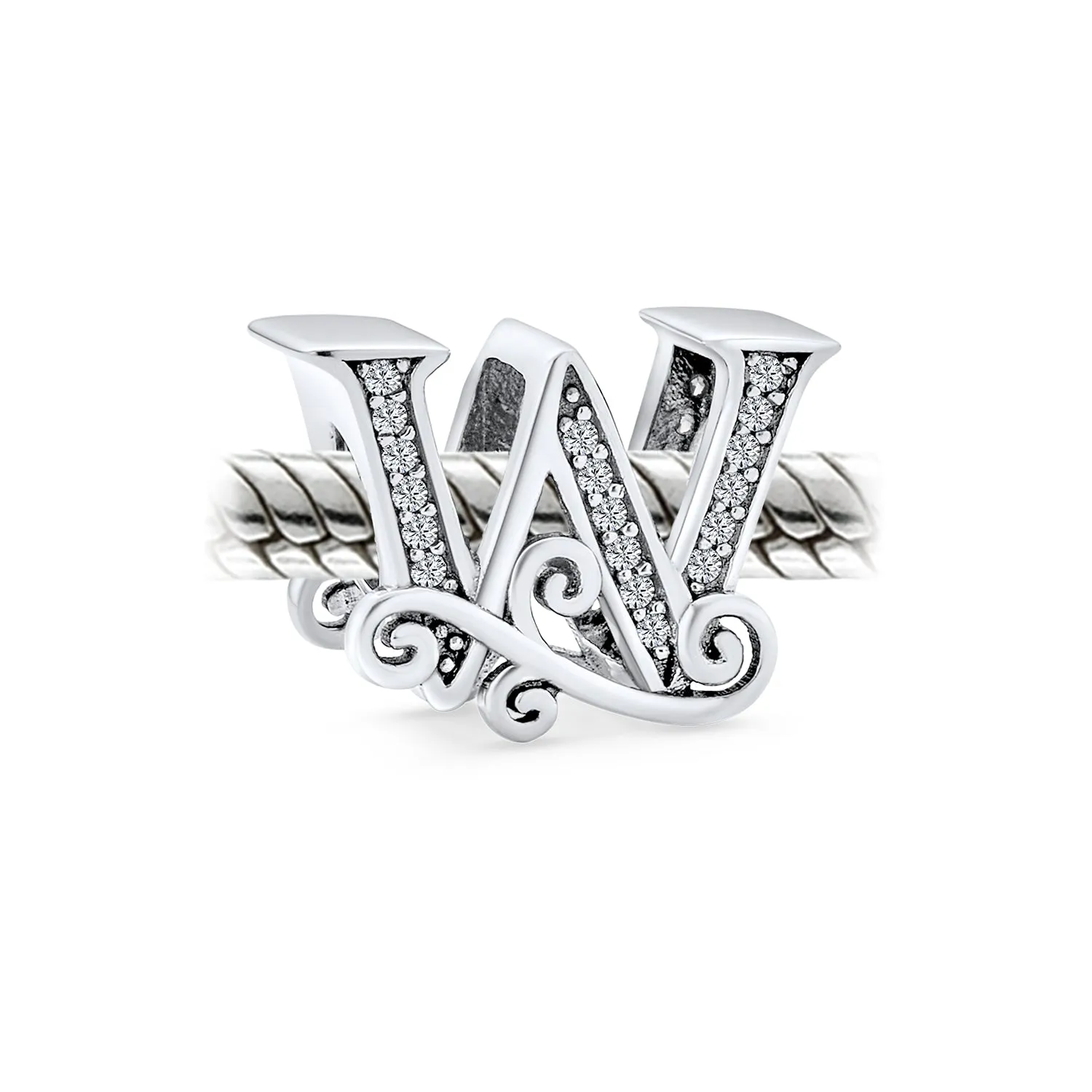 Alphabet Initial Fancy CZ Block Letter Bead Charm .925Sterling Silver