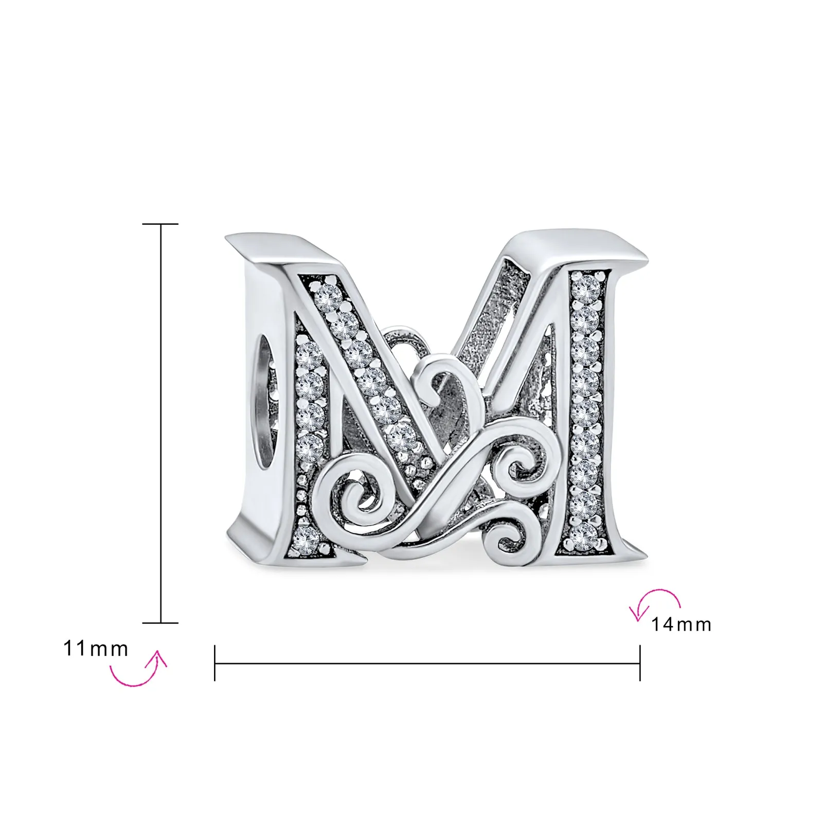 Alphabet Initial Fancy CZ Block Letter Bead Charm .925Sterling Silver