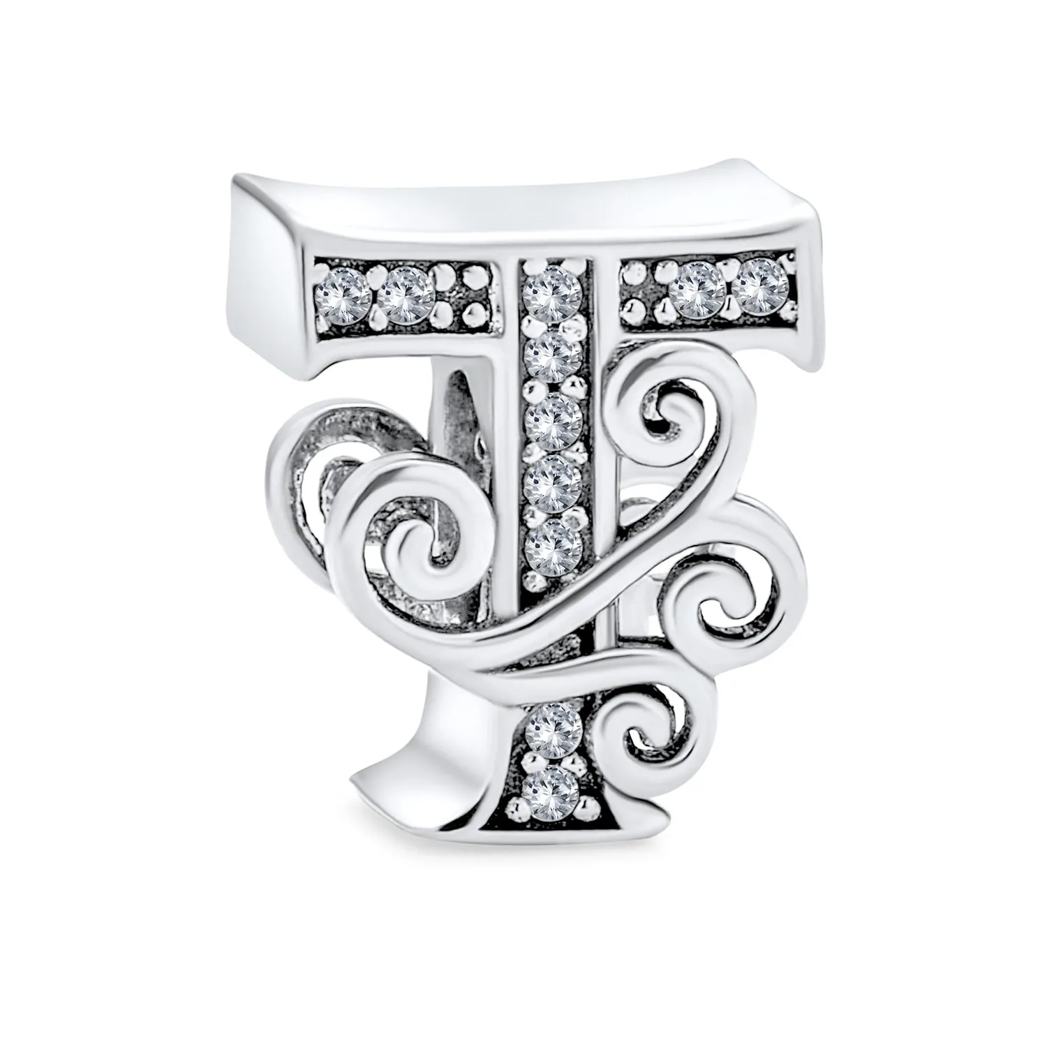 Alphabet Initial Fancy CZ Block Letter Bead Charm .925Sterling Silver