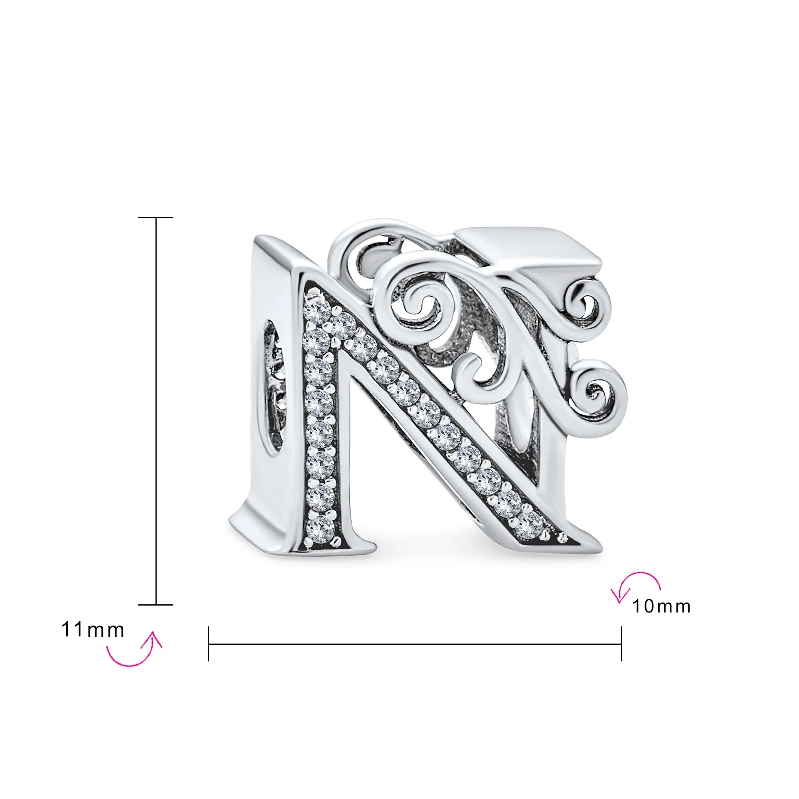 Alphabet Initial Fancy CZ Block Letter Bead Charm .925Sterling Silver