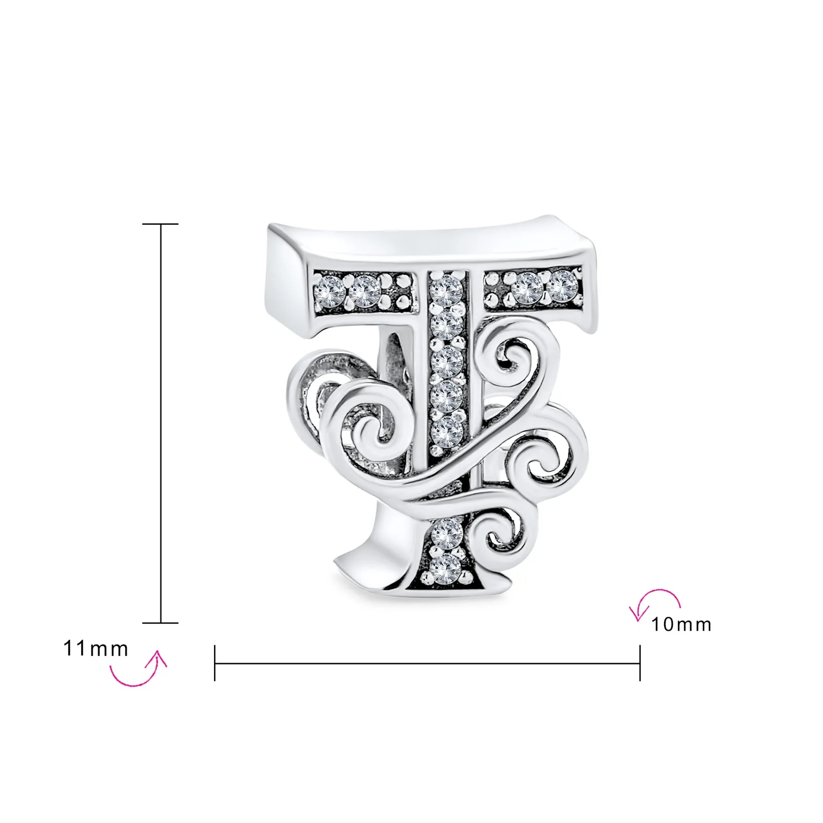 Alphabet Initial Fancy CZ Block Letter Bead Charm .925Sterling Silver