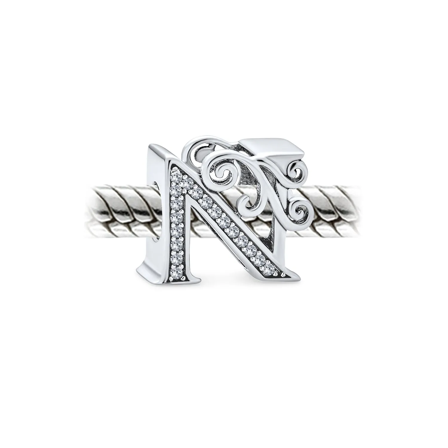 Alphabet Initial Fancy CZ Block Letter Bead Charm .925Sterling Silver