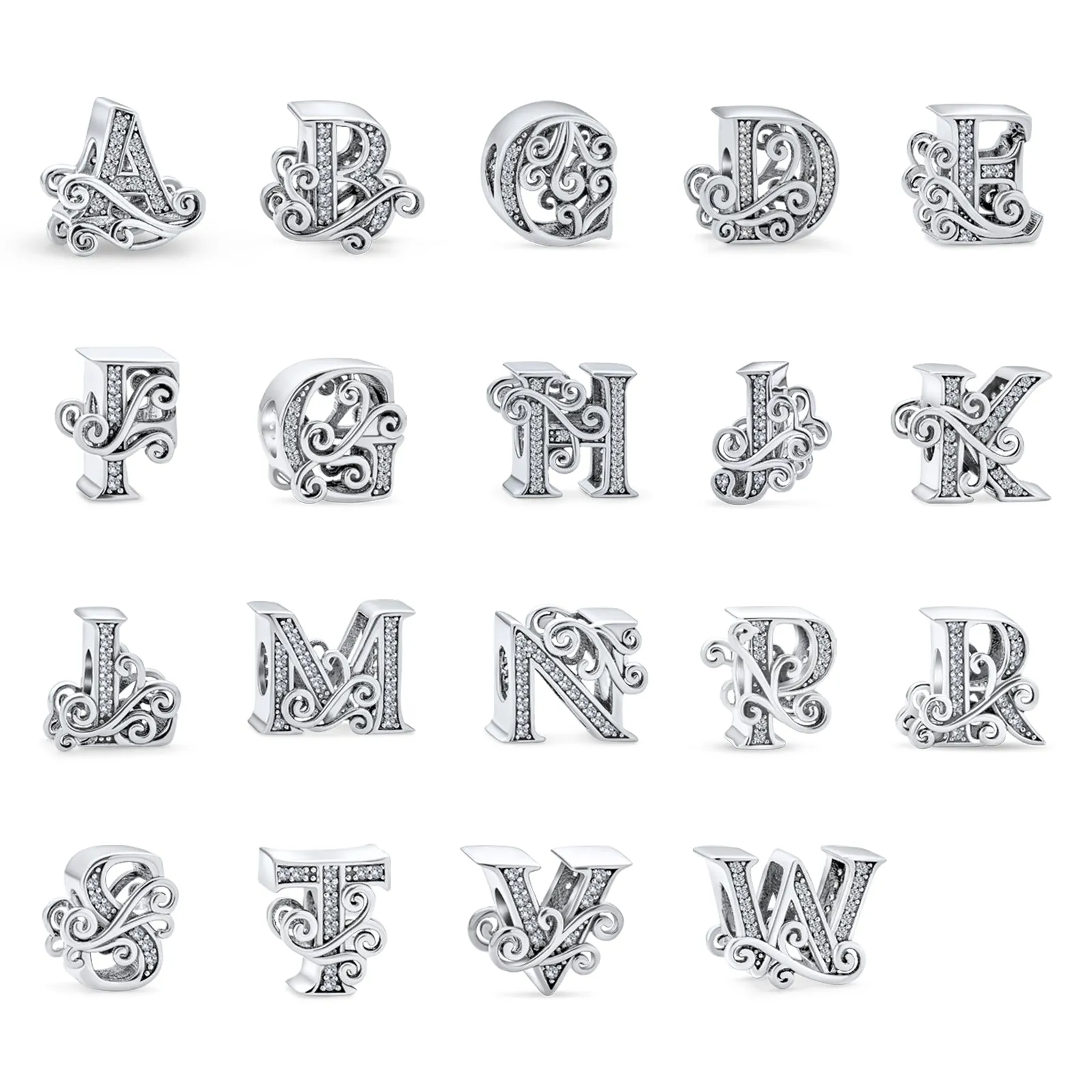 Alphabet Initial Fancy CZ Block Letter Bead Charm .925Sterling Silver