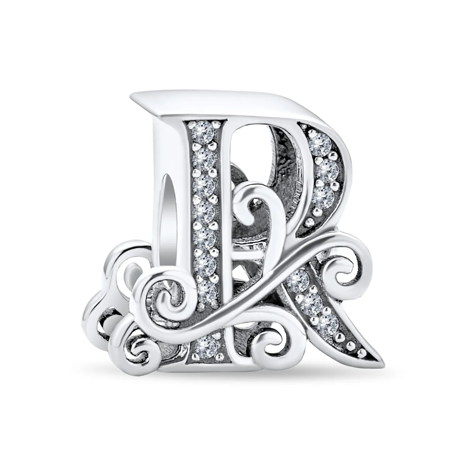 Alphabet Initial Fancy CZ Block Letter Bead Charm .925Sterling Silver