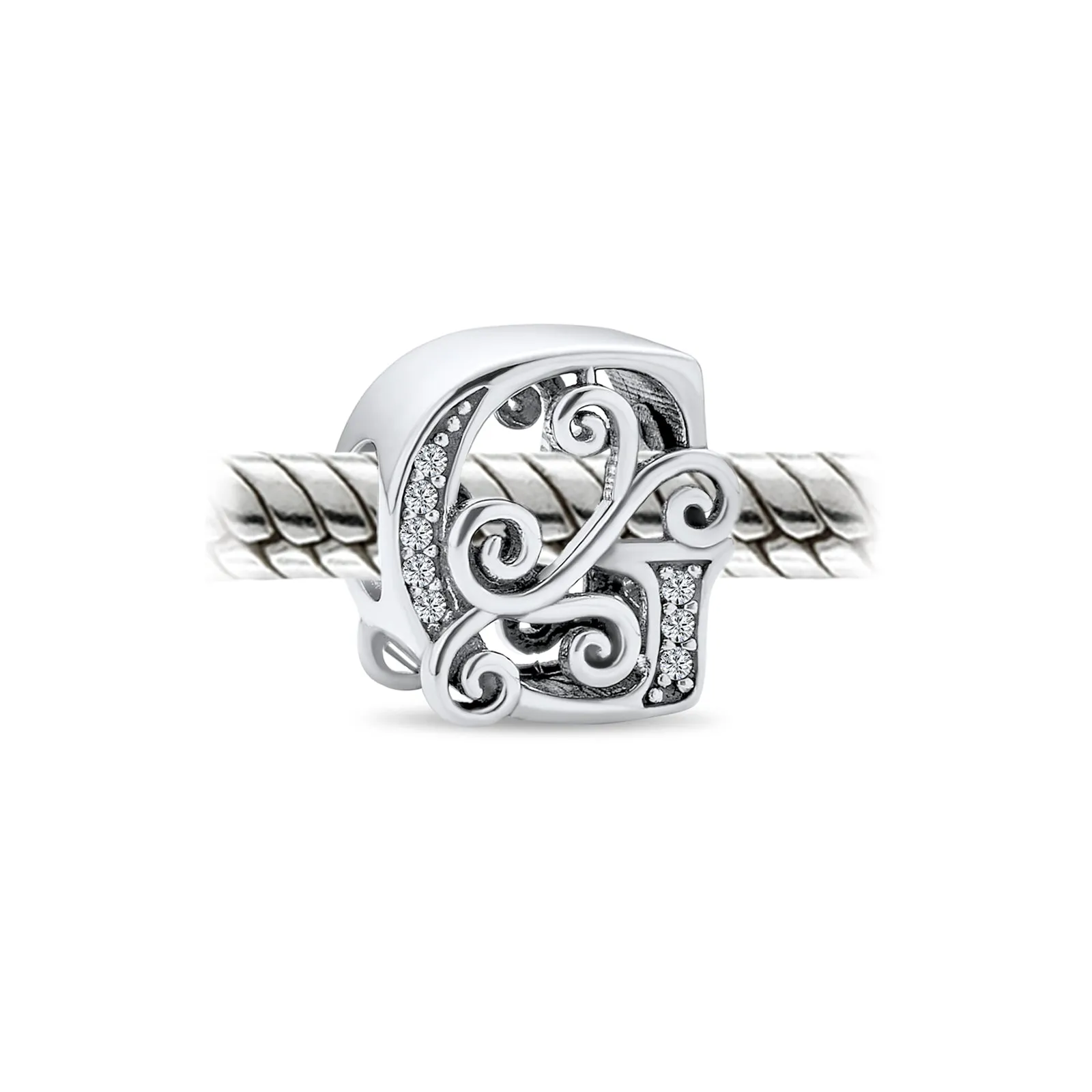 Alphabet Initial Fancy CZ Block Letter Bead Charm .925Sterling Silver