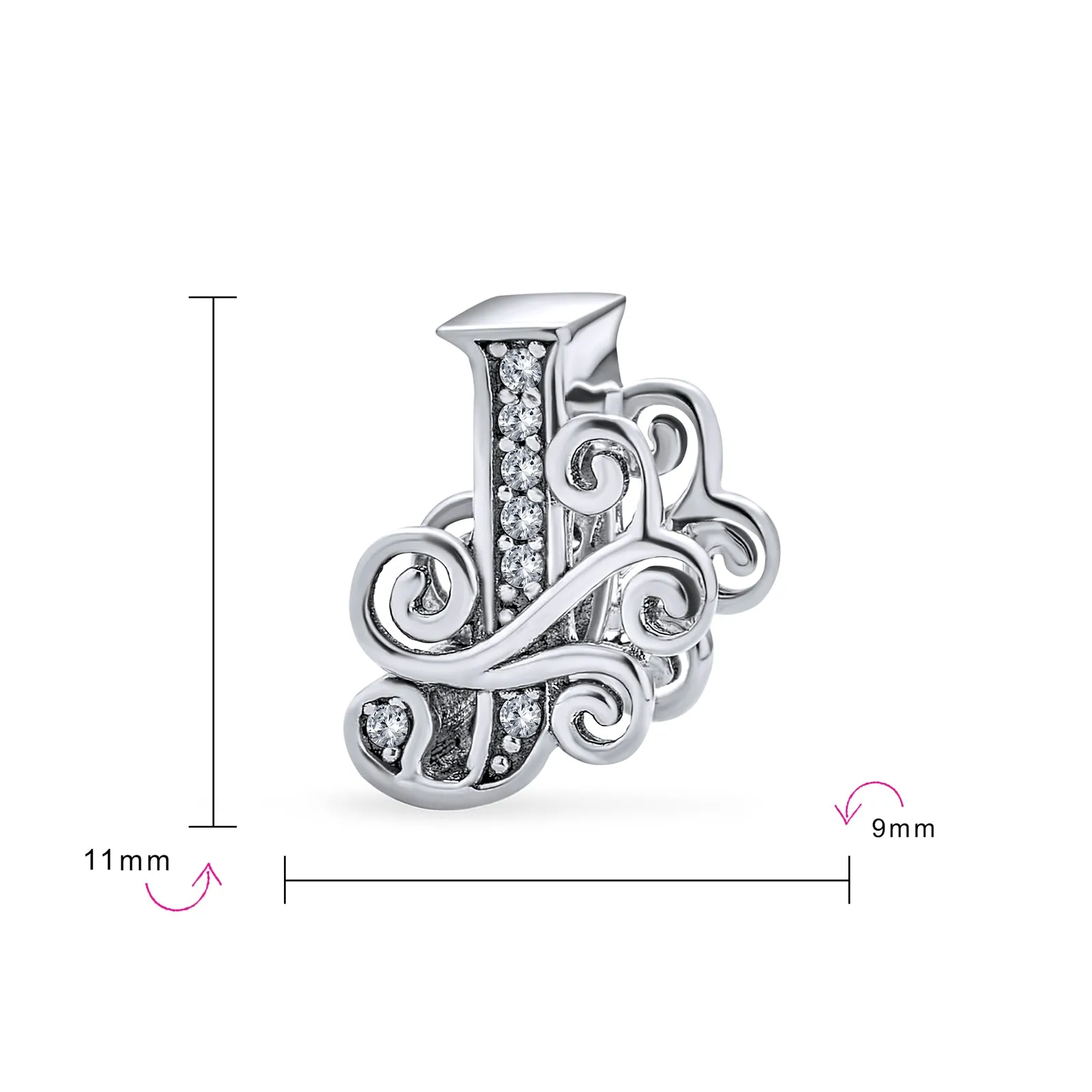 Alphabet Initial Fancy CZ Block Letter Bead Charm .925Sterling Silver