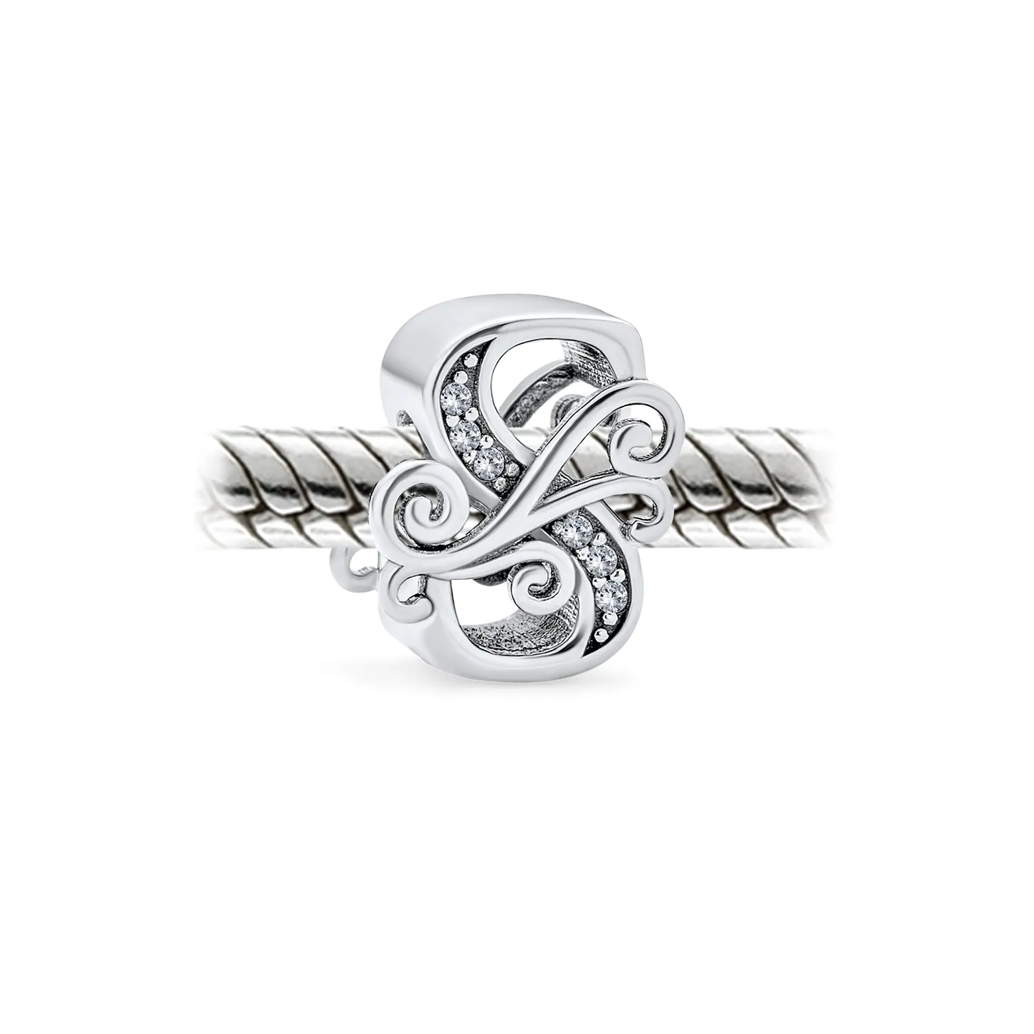 Alphabet Initial Fancy CZ Block Letter Bead Charm .925Sterling Silver