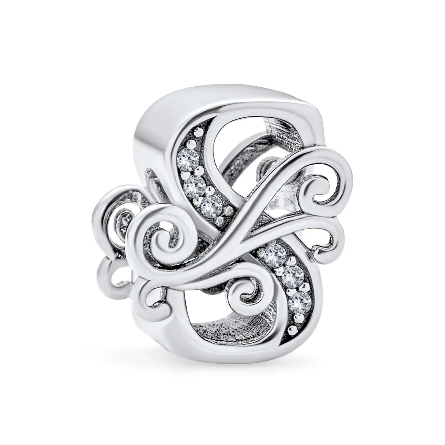 Alphabet Initial Fancy CZ Block Letter Bead Charm .925Sterling Silver