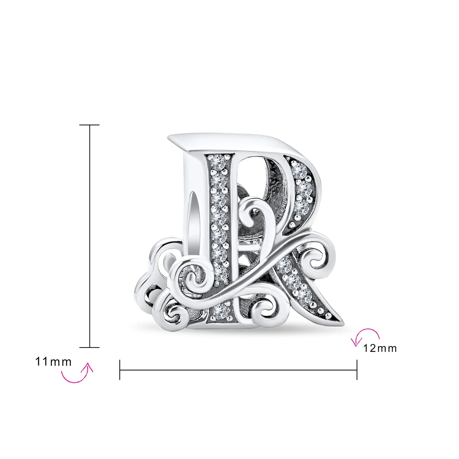 Alphabet Initial Fancy CZ Block Letter Bead Charm .925Sterling Silver