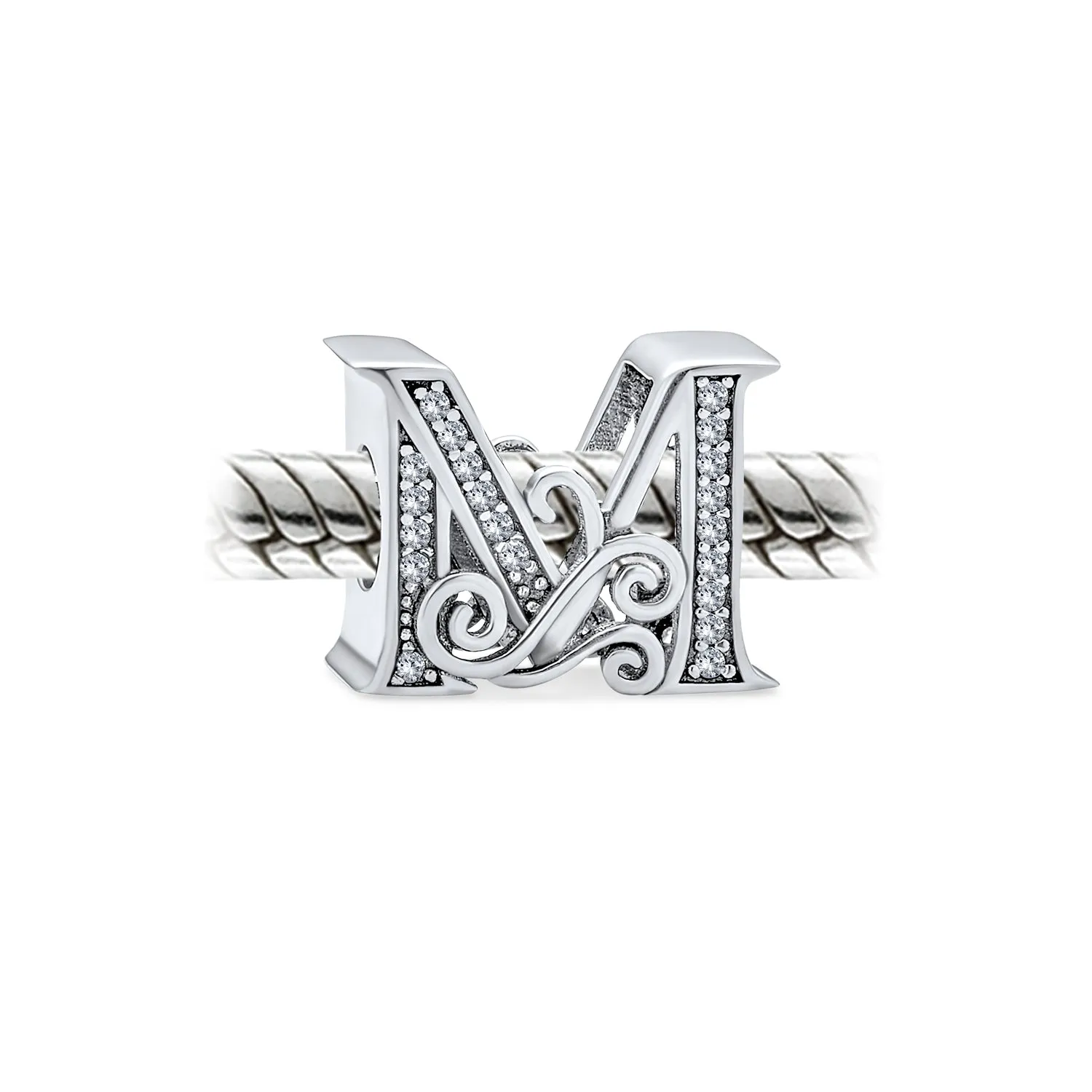 Alphabet Initial Fancy CZ Block Letter Bead Charm .925Sterling Silver