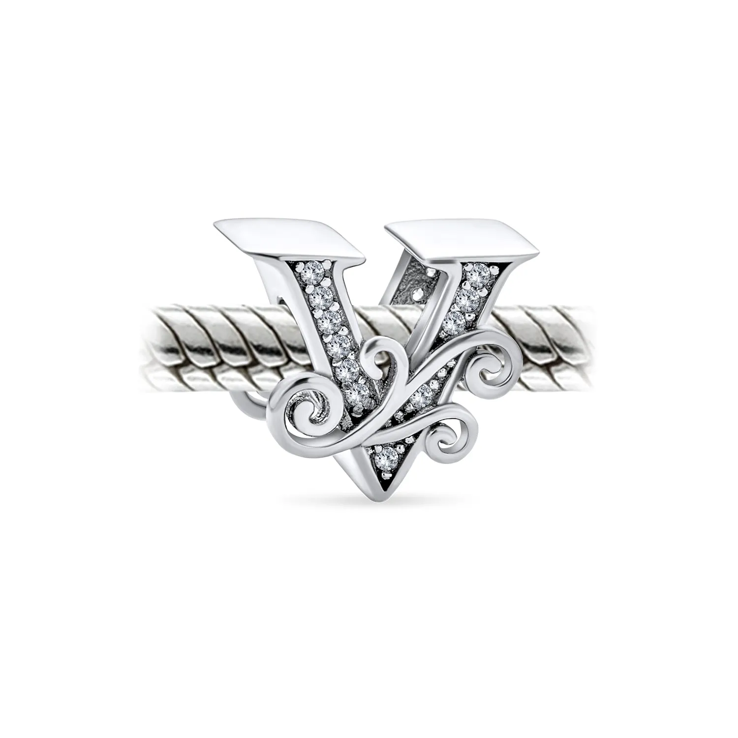 Alphabet Initial Fancy CZ Block Letter Bead Charm .925Sterling Silver