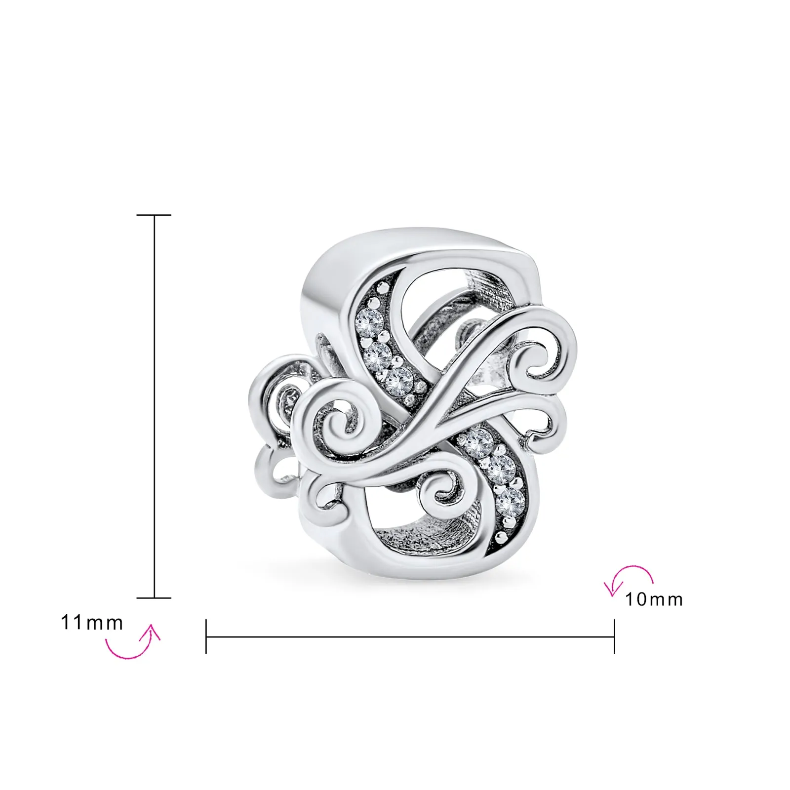 Alphabet Initial Fancy CZ Block Letter Bead Charm .925Sterling Silver