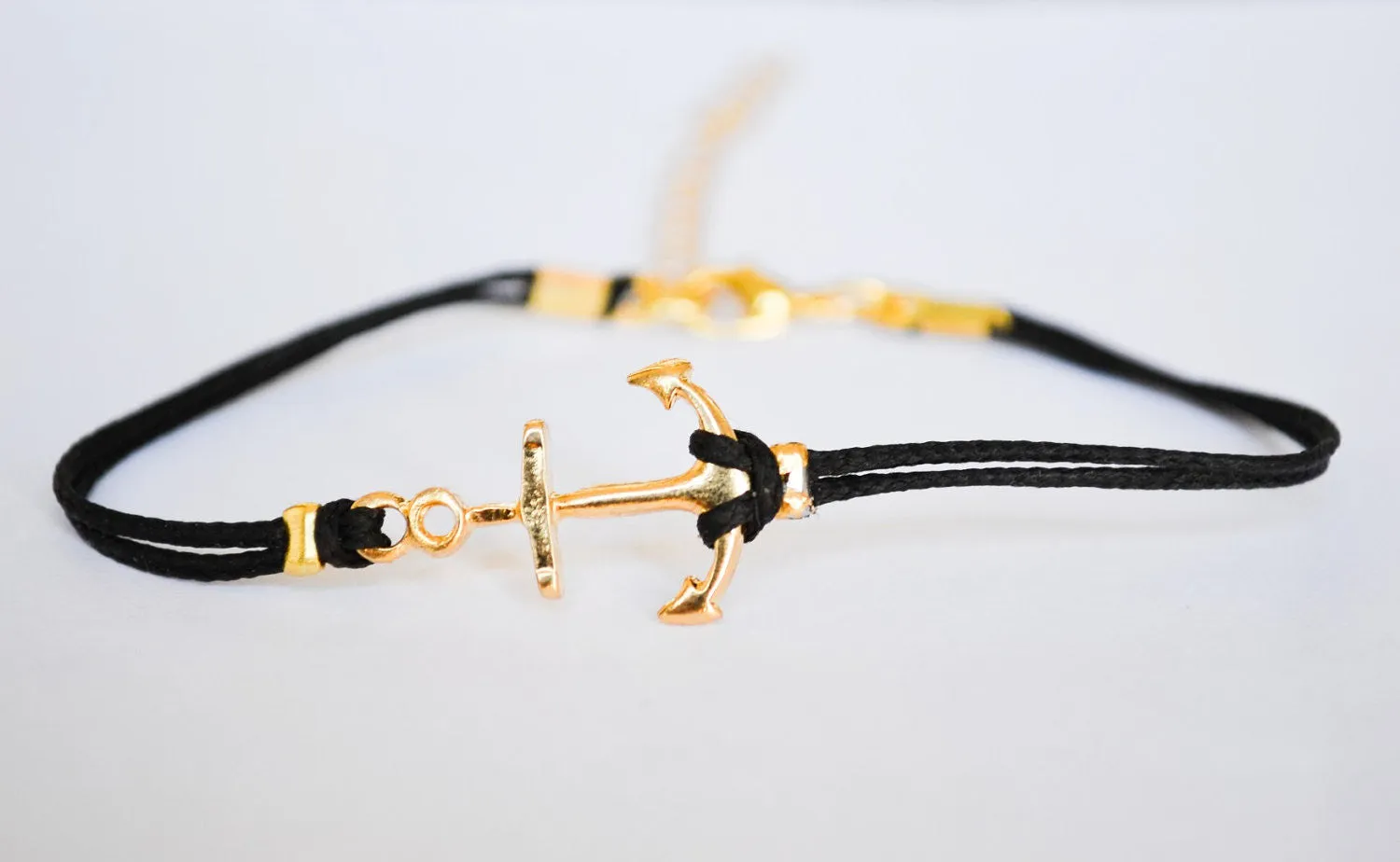 Anchor charm bracelet, gold plated anchor, custom color, mothers day gift, preppy jewelry, black string