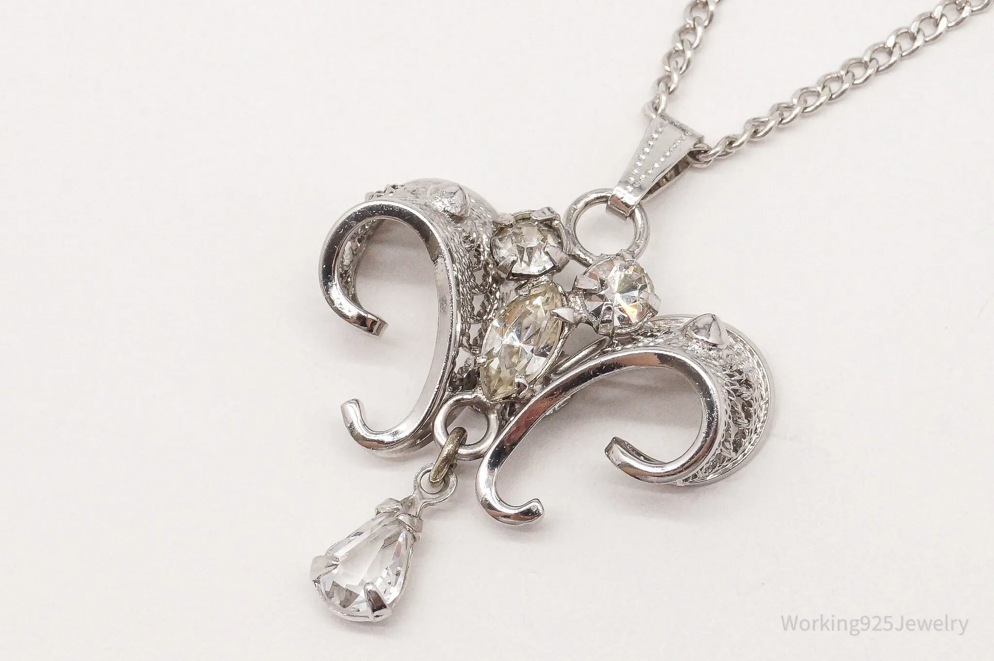 Antique AmLee Crystal Rhinestone Filigree Sterling Silver Necklace 17"