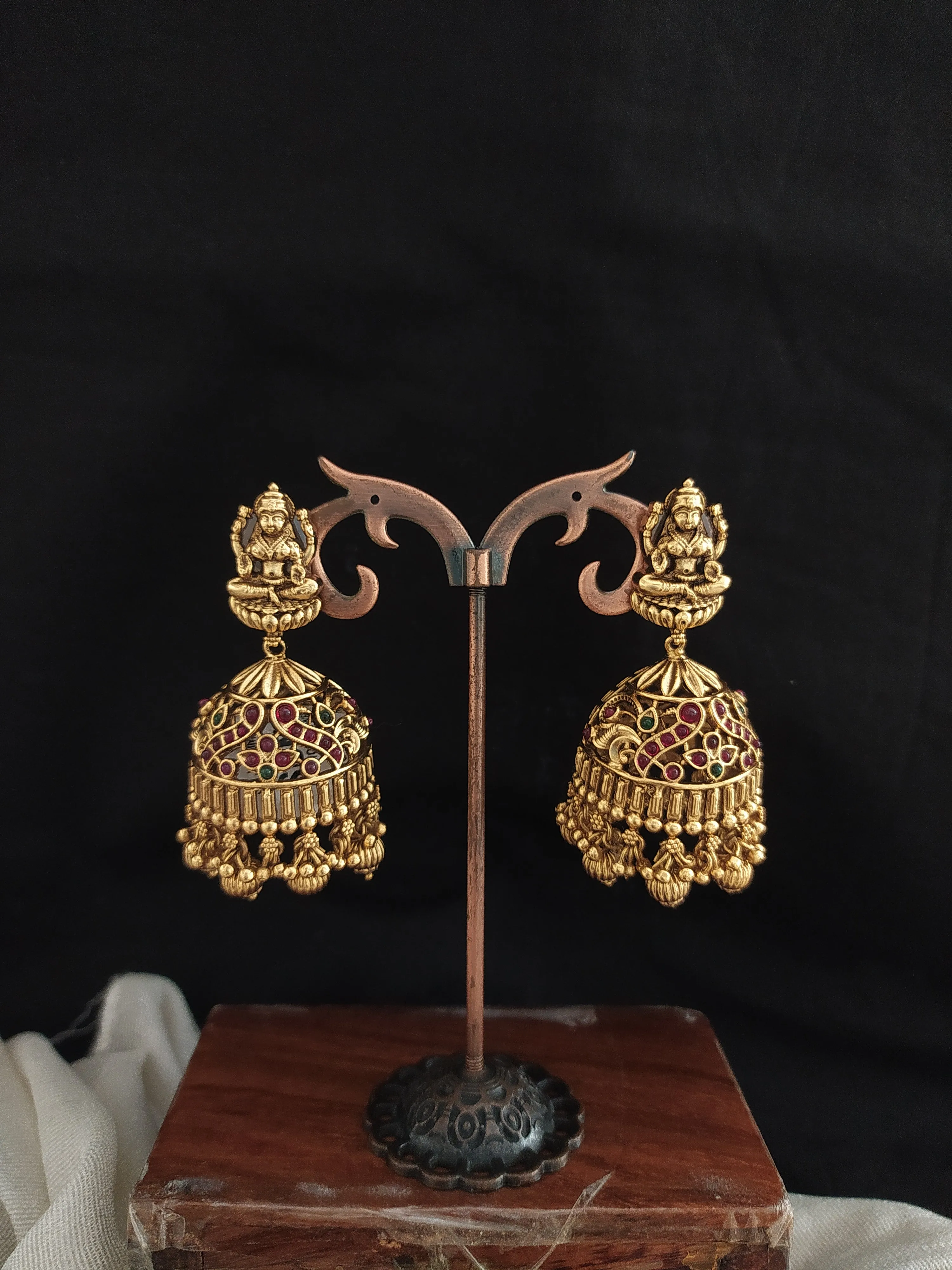 Antique Kemp Jhumki ~ Lakshmi Studded Jhumki with Golden Drops