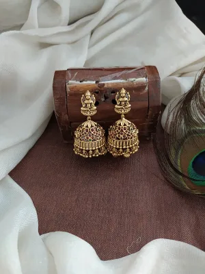 Antique Kemp Jhumki ~ Lakshmi Studded Jhumki with Golden Drops