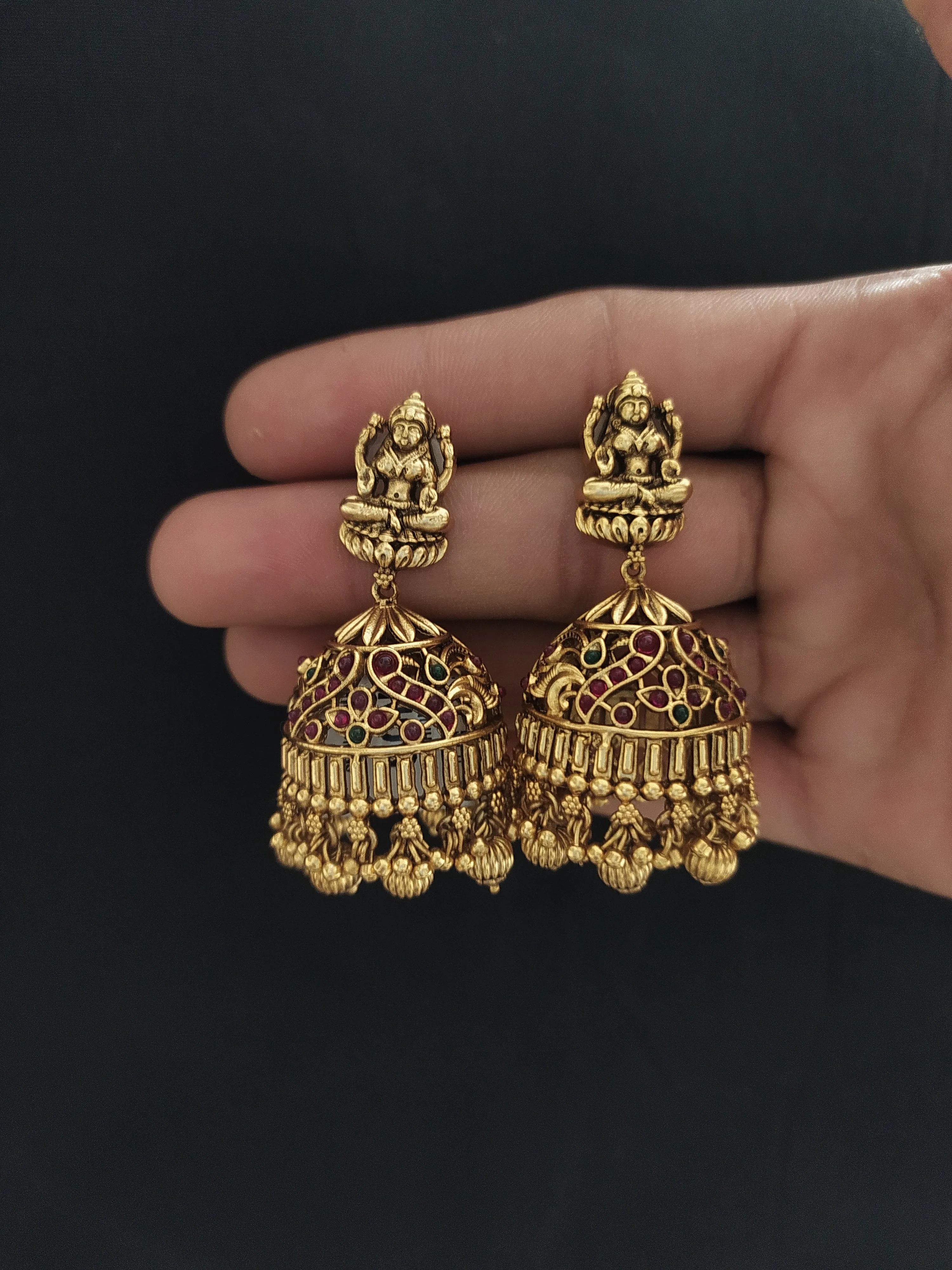 Antique Kemp Jhumki ~ Lakshmi Studded Jhumki with Golden Drops