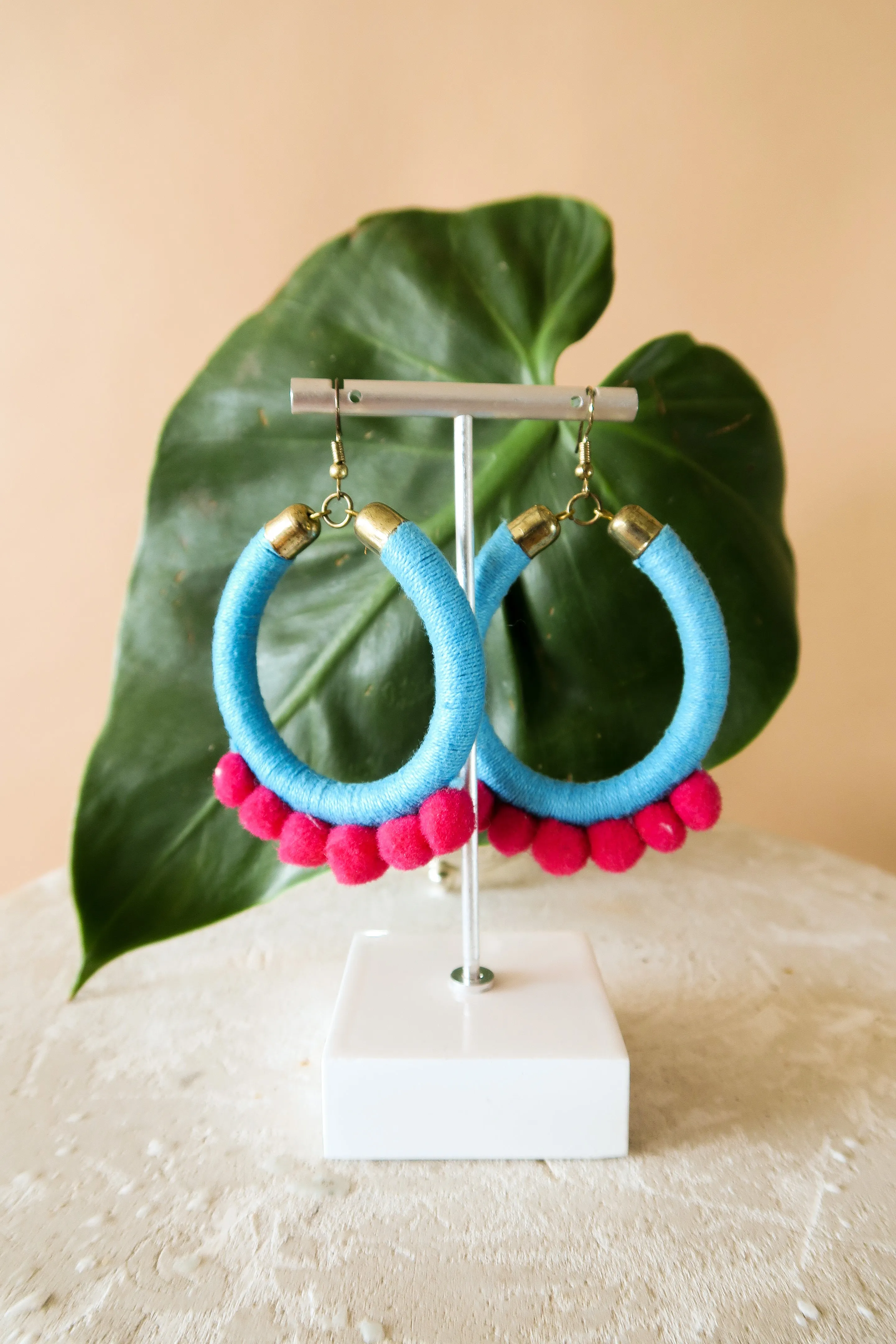 Aqua Pom Pom Earrings