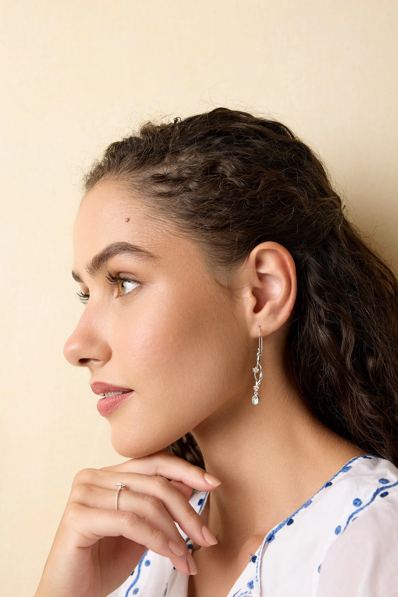 Banyan Dart Flower Earrings with Rainbow Moonstone