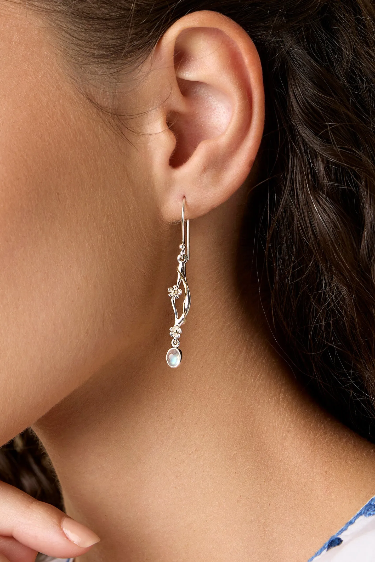 Banyan Dart Flower Earrings with Rainbow Moonstone
