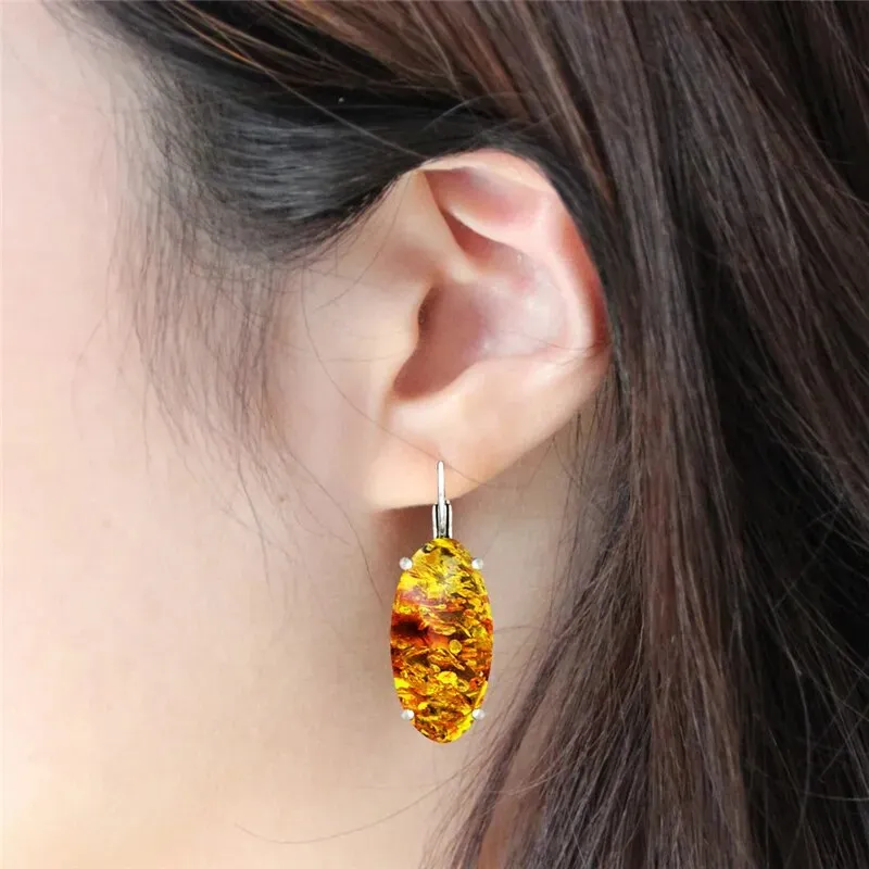 Big Vintage Eye Shape Synthetic Ambers Claw Earrings For Women
