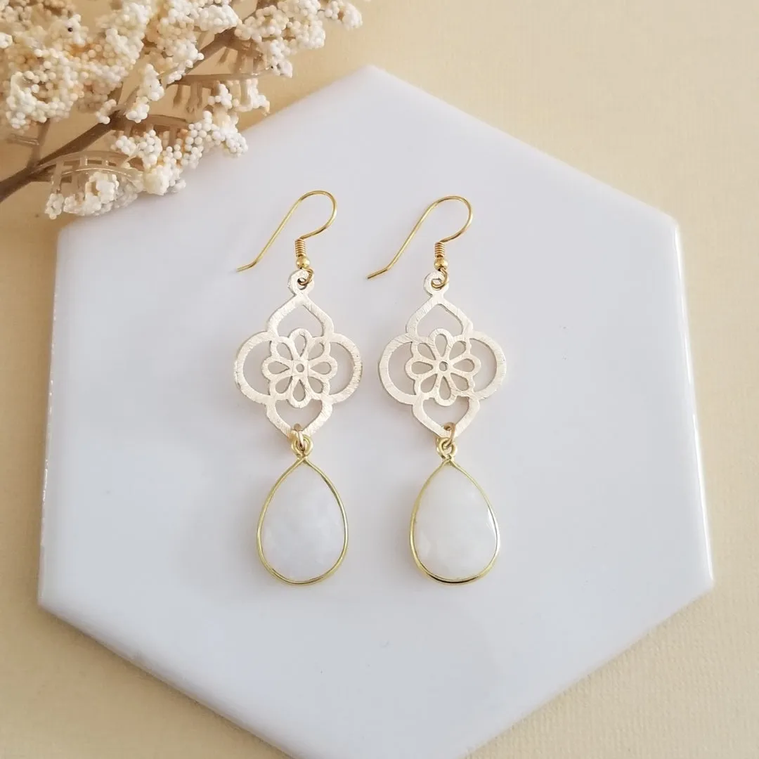 Bride Earrings, Brushed Gold Moonstone Flower Earrings