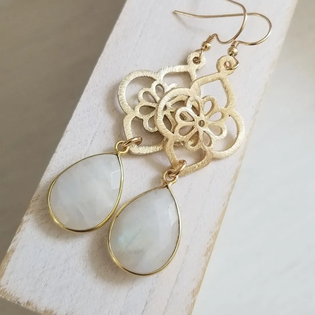 Bride Earrings, Brushed Gold Moonstone Flower Earrings