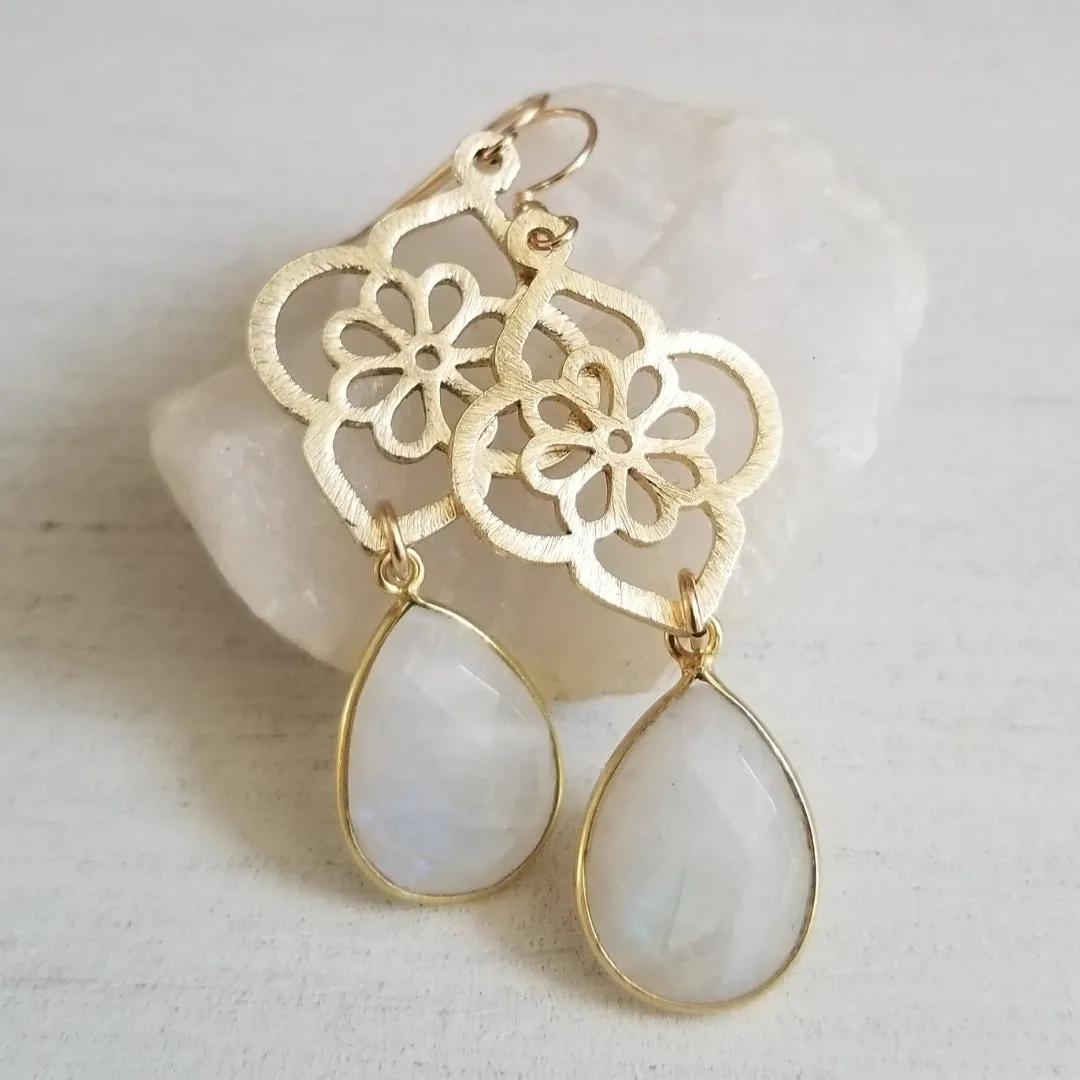Bride Earrings, Brushed Gold Moonstone Flower Earrings