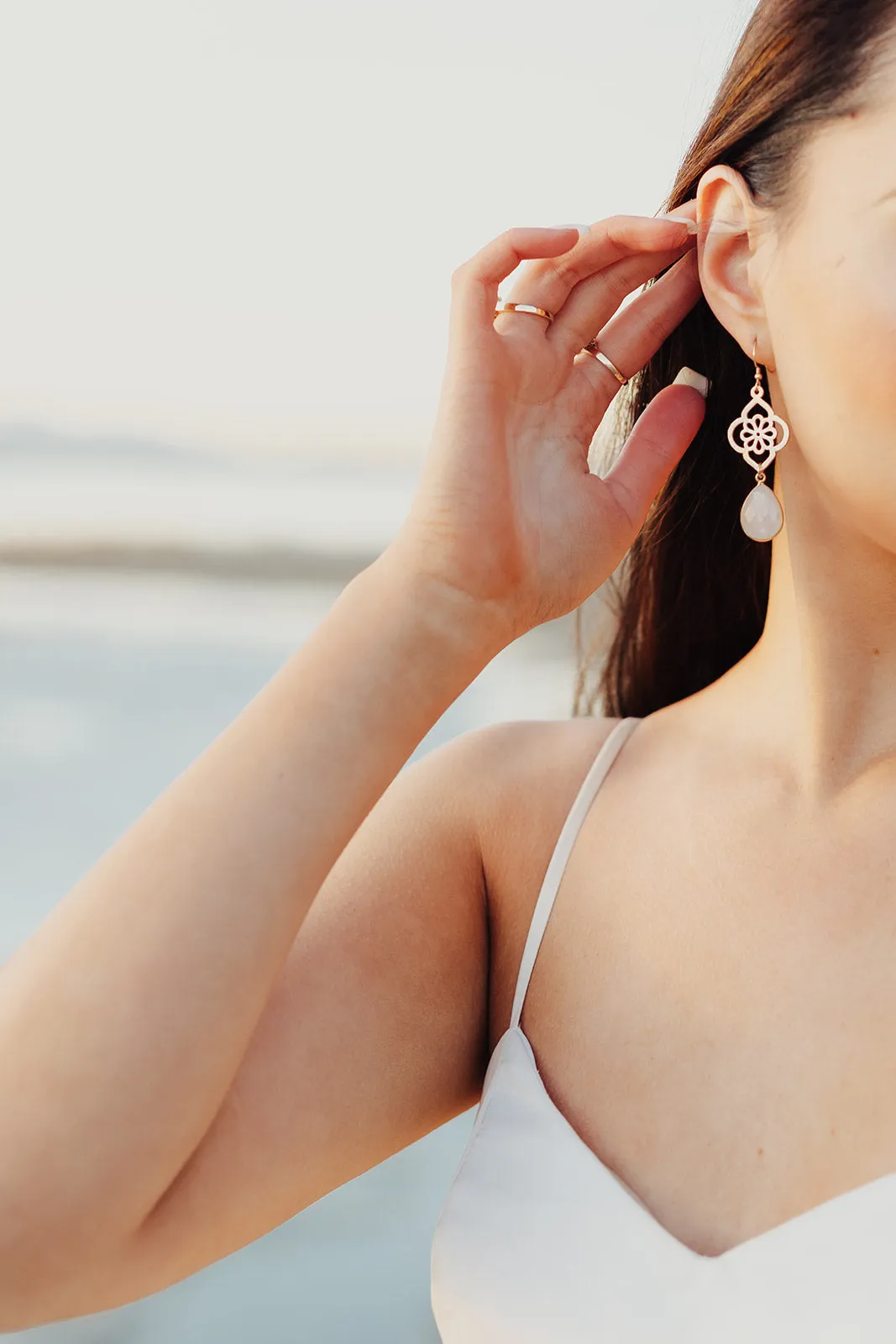 Bride Earrings, Brushed Gold Moonstone Flower Earrings