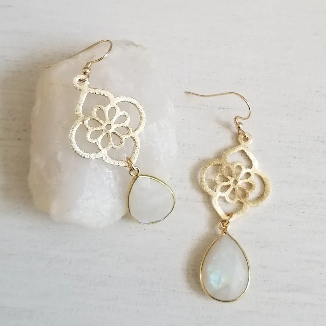 Bride Earrings, Brushed Gold Moonstone Flower Earrings
