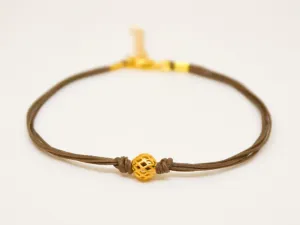 Brown cord bracelet with gold bead, handmade jewelry
