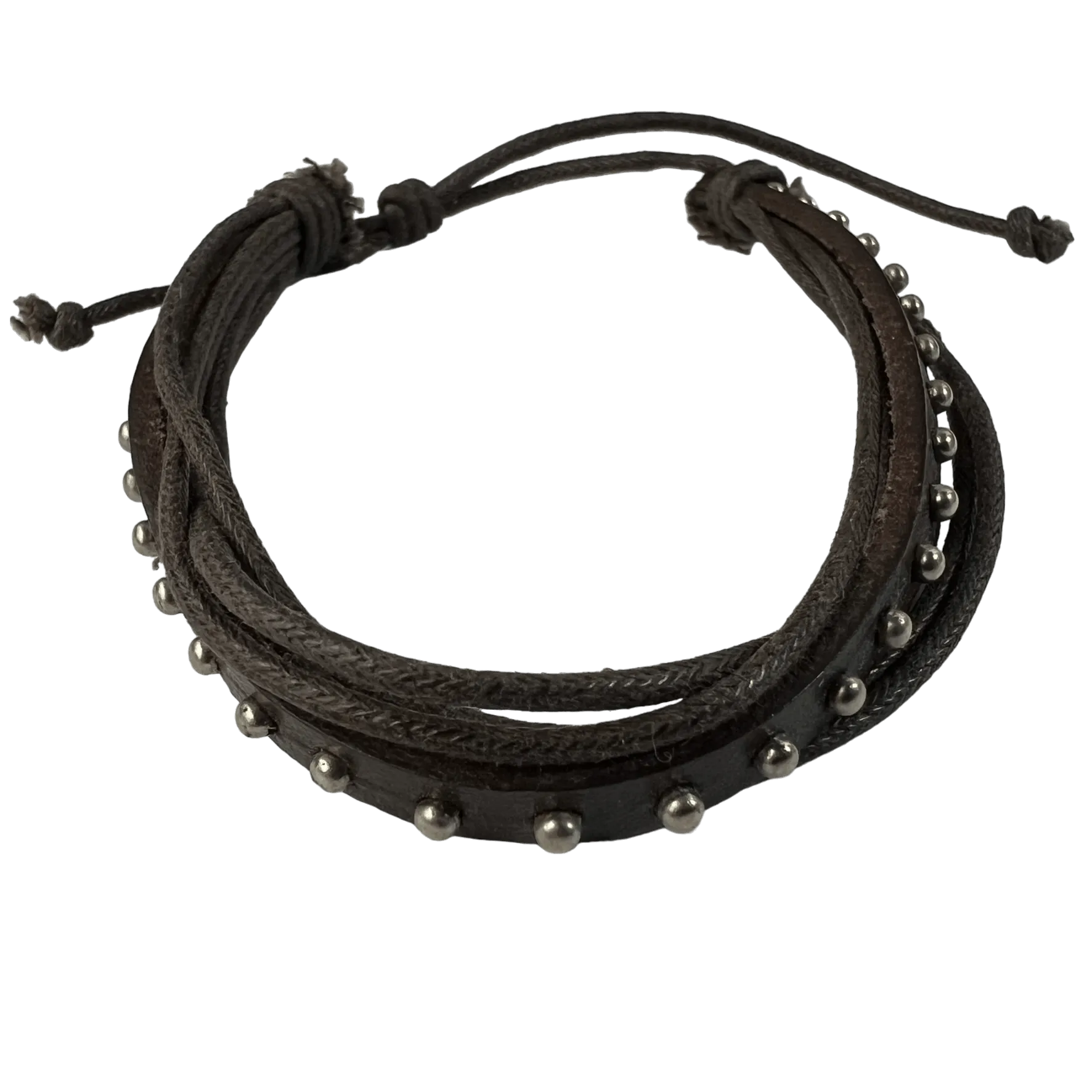Brown Cotton Studded Leather Bracelet Wristband Bangle Mens Womens Boy Jewellery