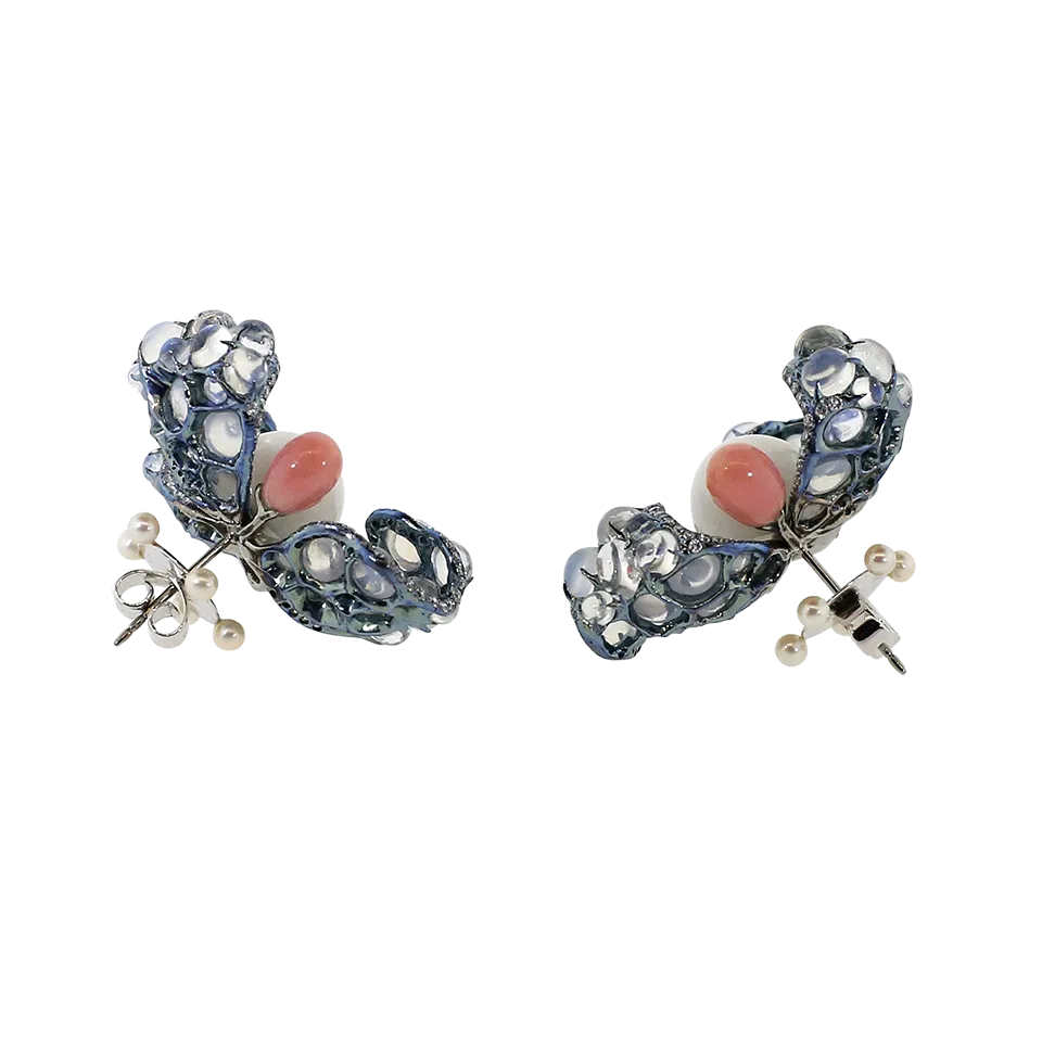 Clam Pearl And Blue Moonstone Flower Earrings