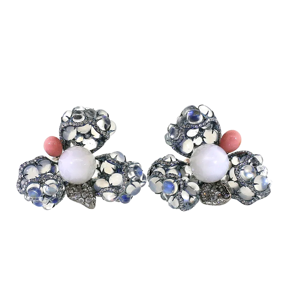Clam Pearl And Blue Moonstone Flower Earrings