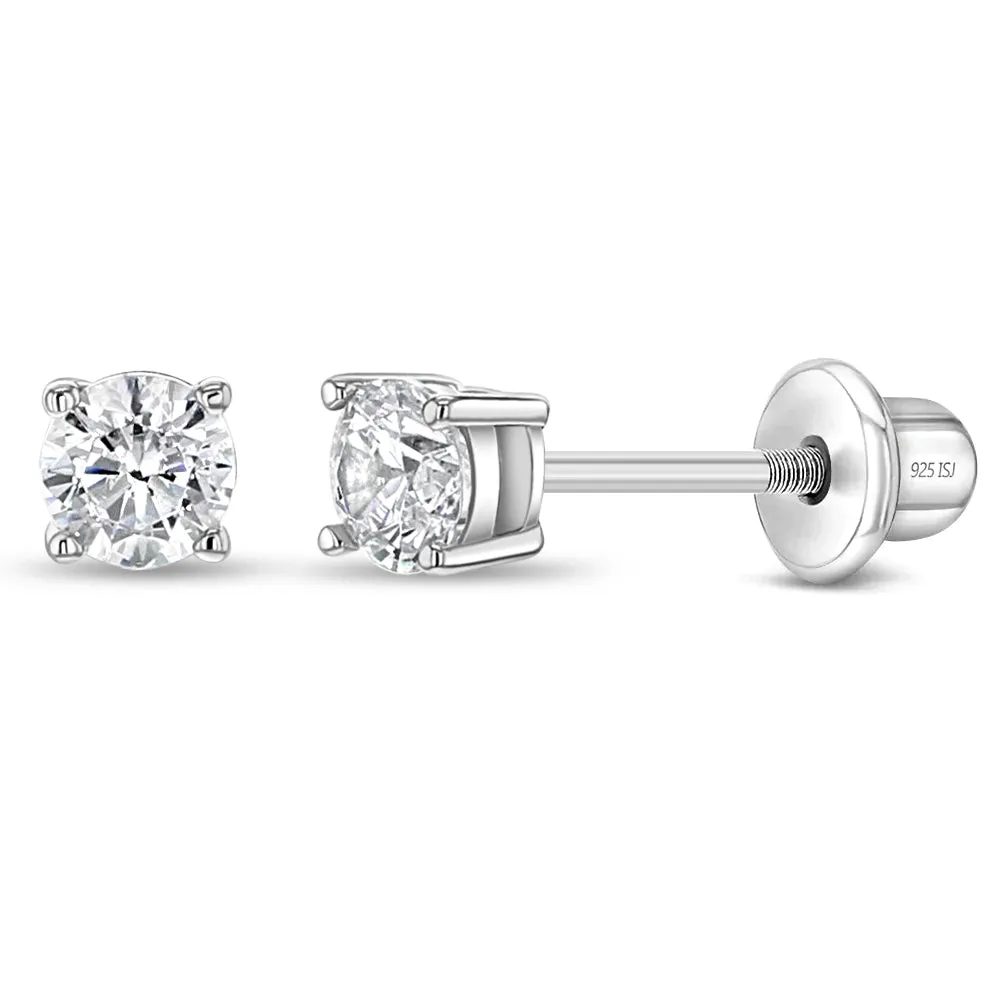 Classic Setting Solitaire 2-5mm Baby / Toddler / Kids Earrings Screw Back - Sterling Silver