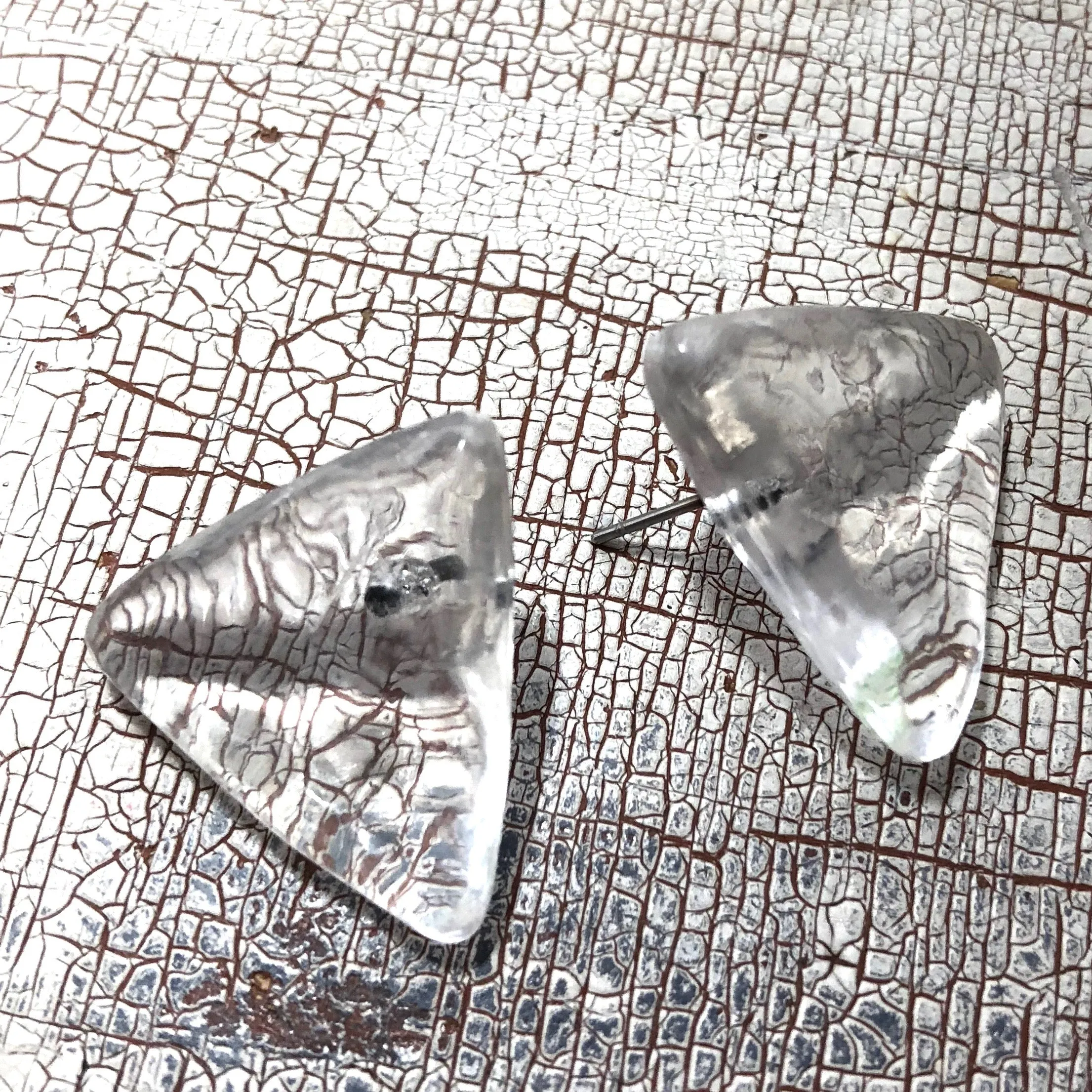 Clear Mottled Lucite Triangle Stud Earrings
