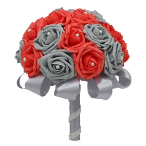 Coral Gray Bridal Bouquet Fake Flowers For Wedding Anniversary Bouquet