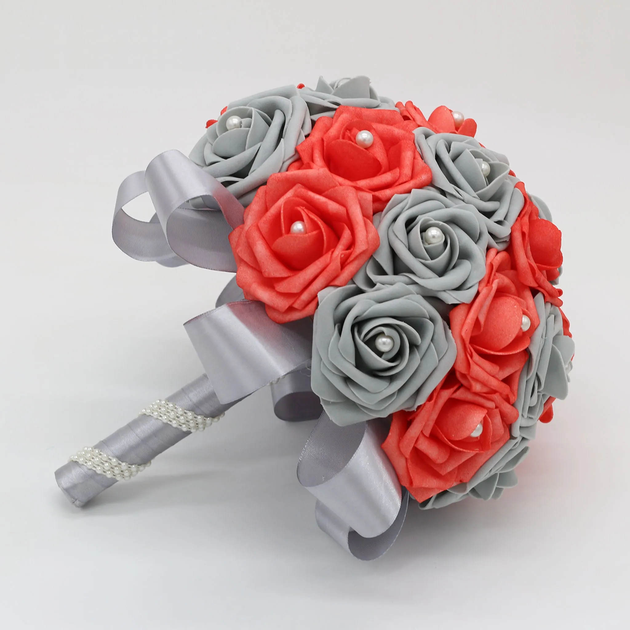 Coral Gray Bridal Bouquet Fake Flowers For Wedding Anniversary Bouquet