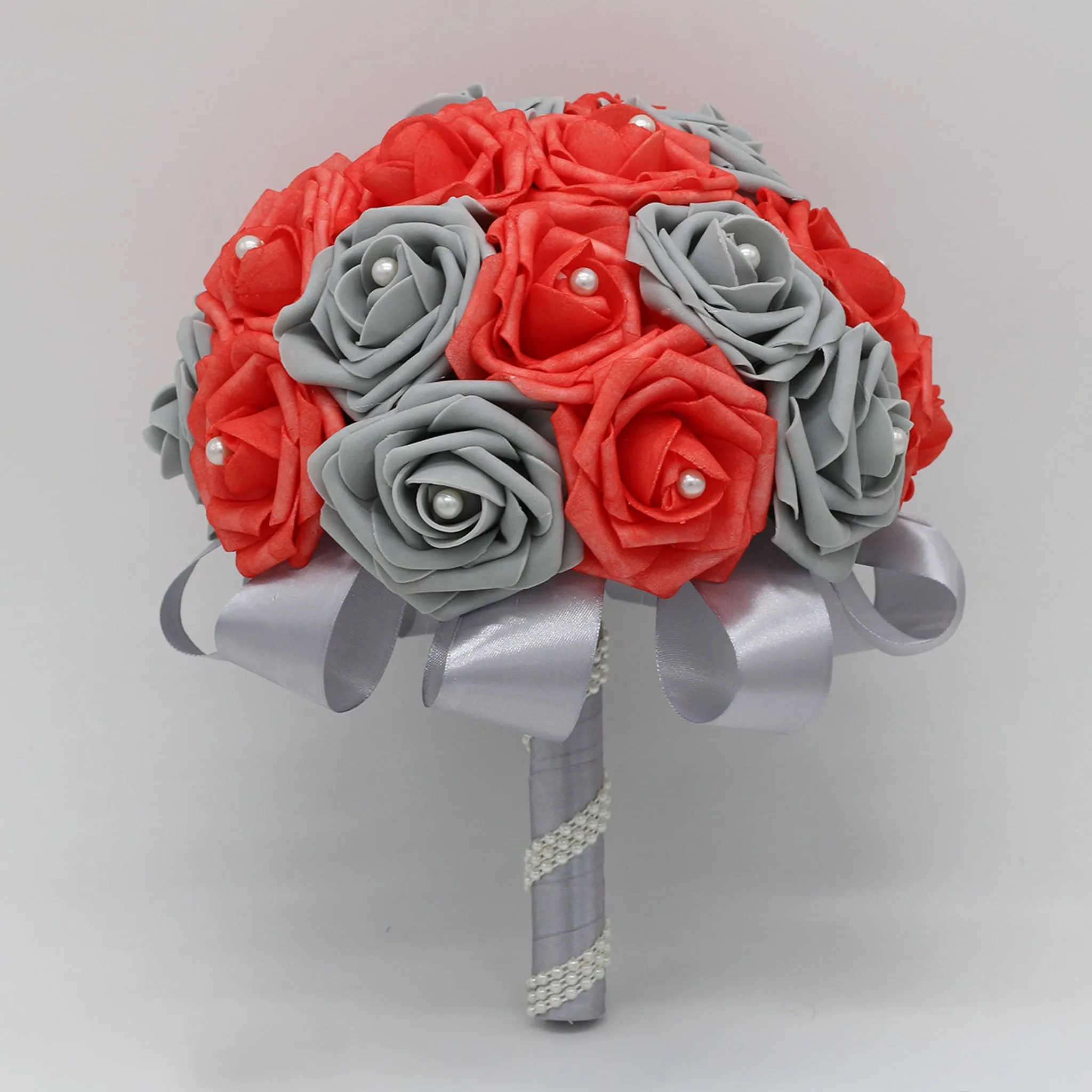 Coral Gray Bridal Bouquet Fake Flowers For Wedding Anniversary Bouquet