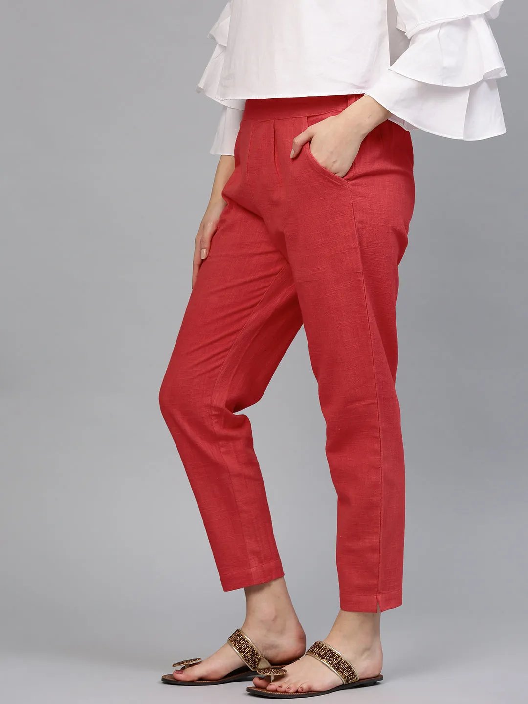 Coral Solid Cotton Slub Straight Pants