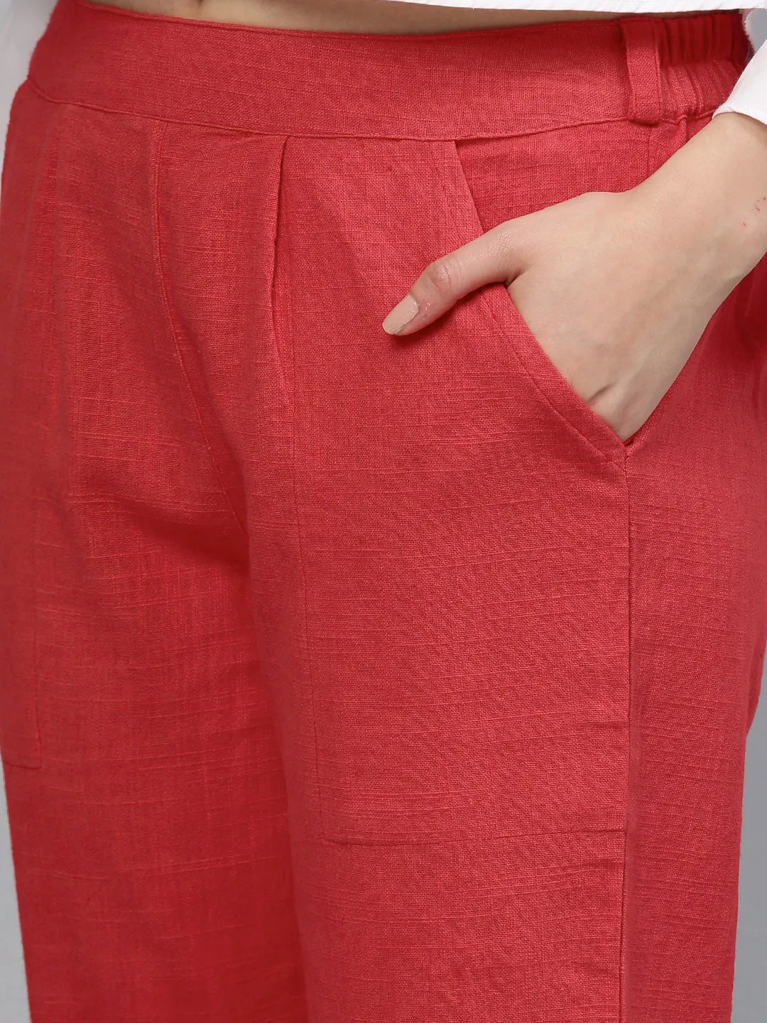 Coral Solid Cotton Slub Straight Pants