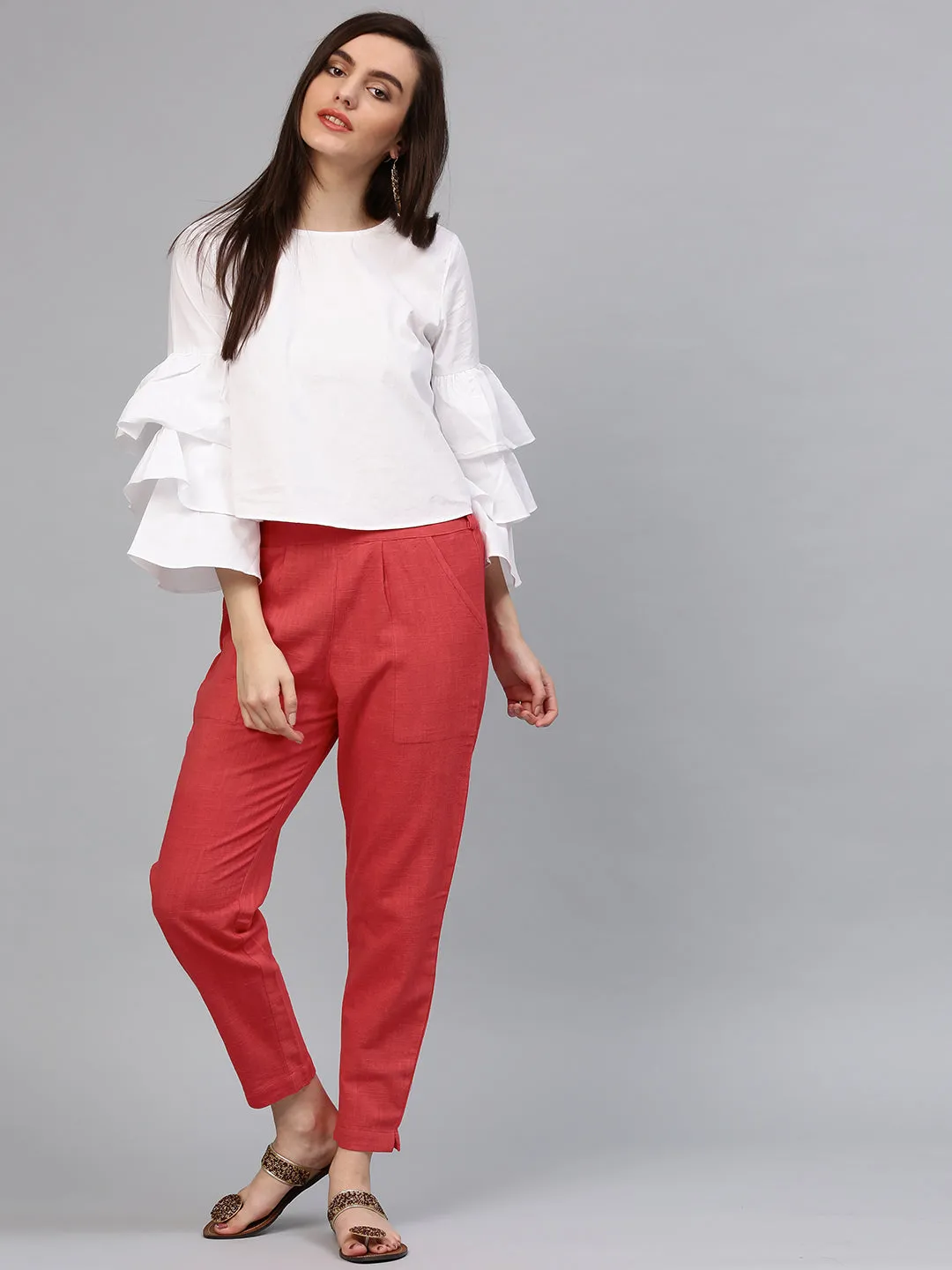 Coral Solid Cotton Slub Straight Pants