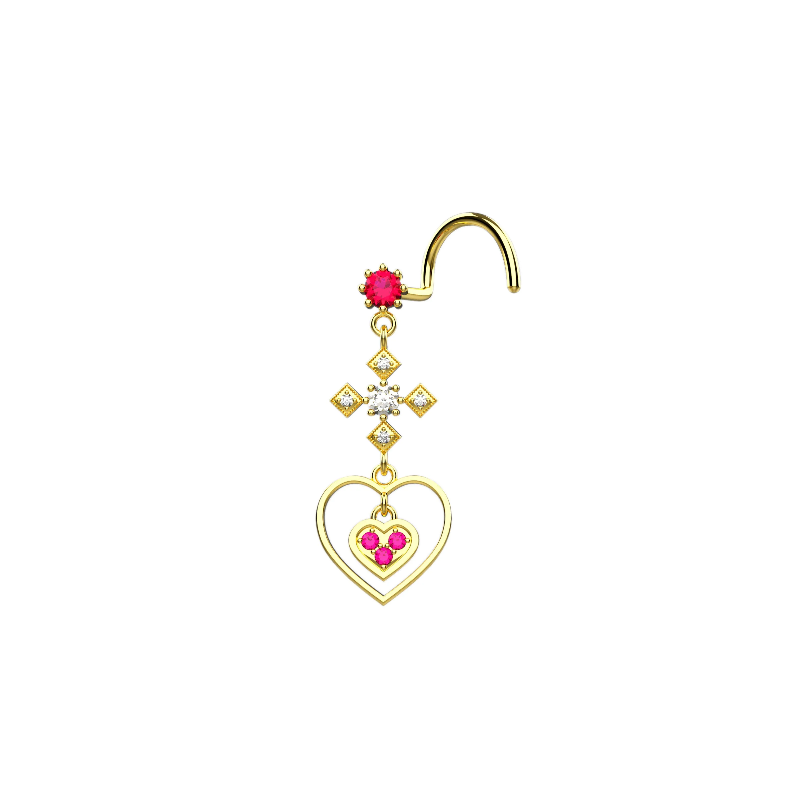 Cross Nose Ring with Dangling Heart – Gold & Silver Nose Piercing