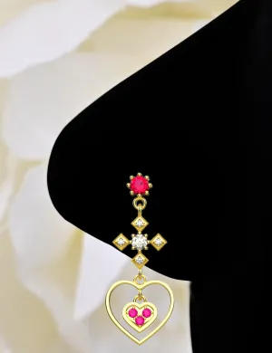 Cross Nose Ring with Dangling Heart – Gold & Silver Nose Piercing