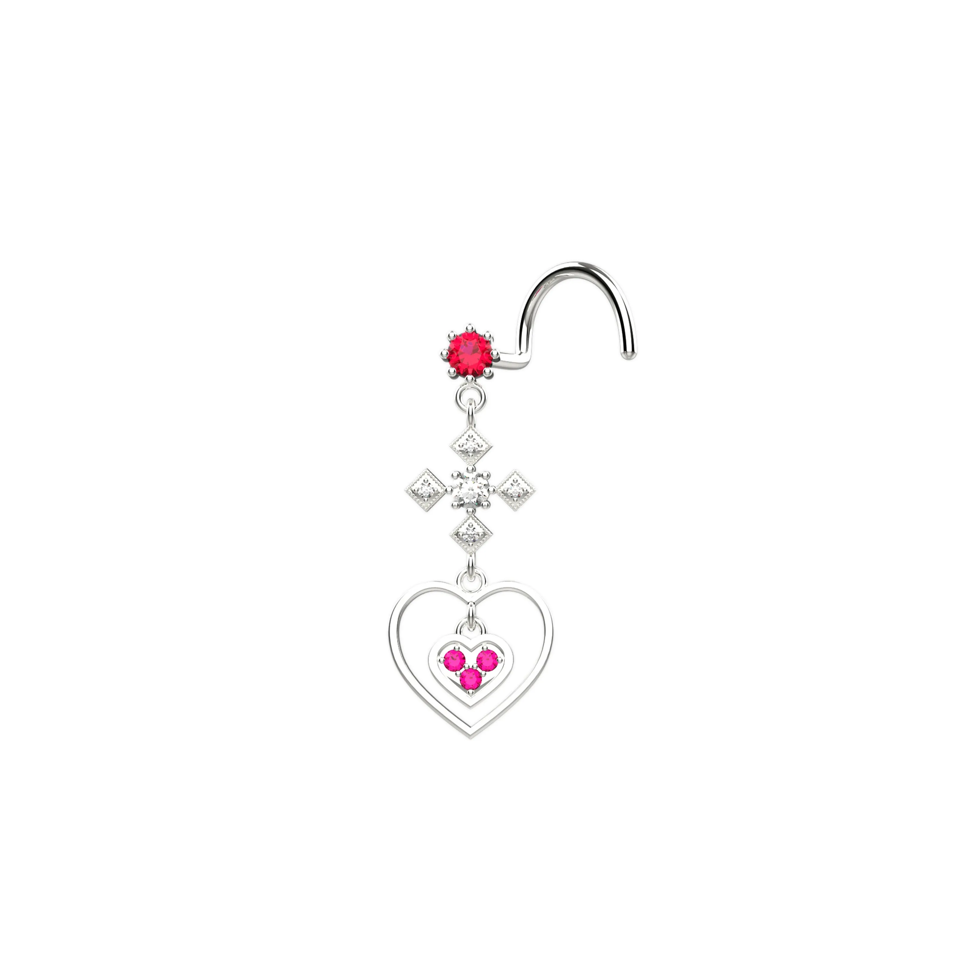 Cross Nose Ring with Dangling Heart – Gold & Silver Nose Piercing