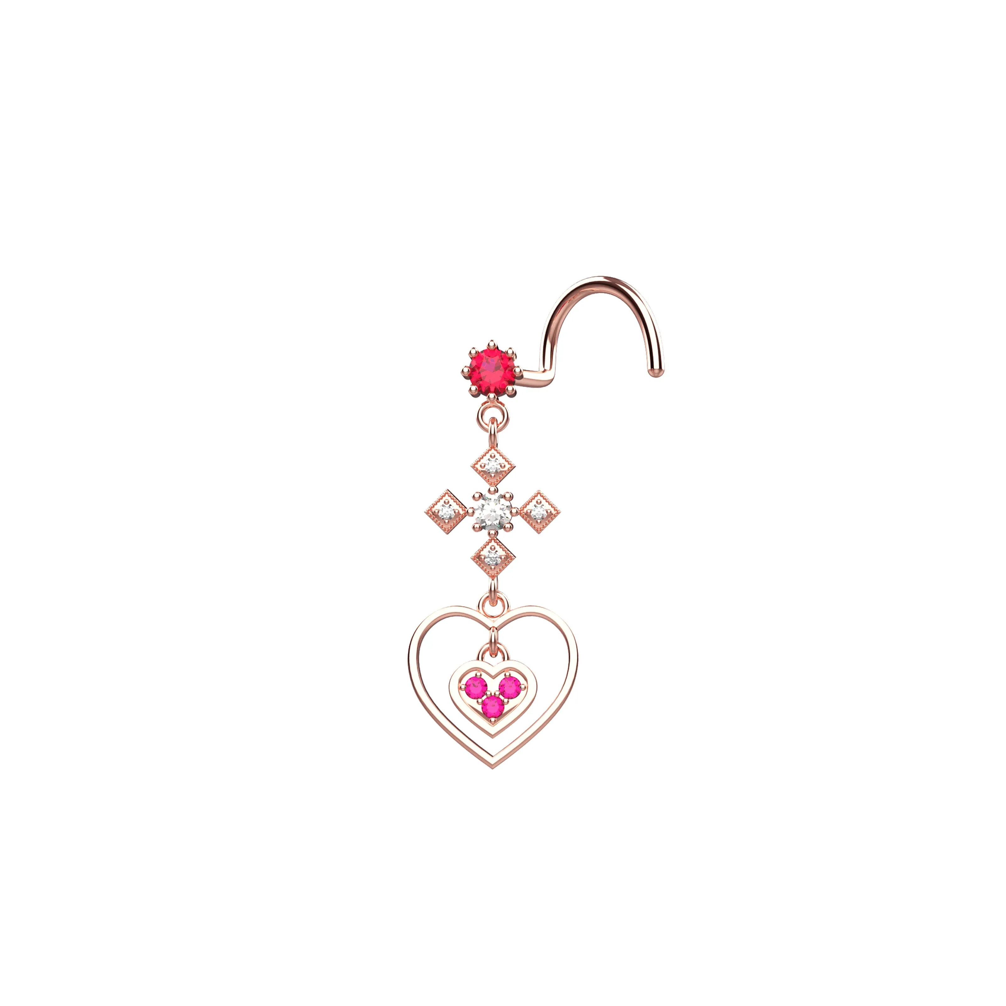 Cross Nose Ring with Dangling Heart – Gold & Silver Nose Piercing