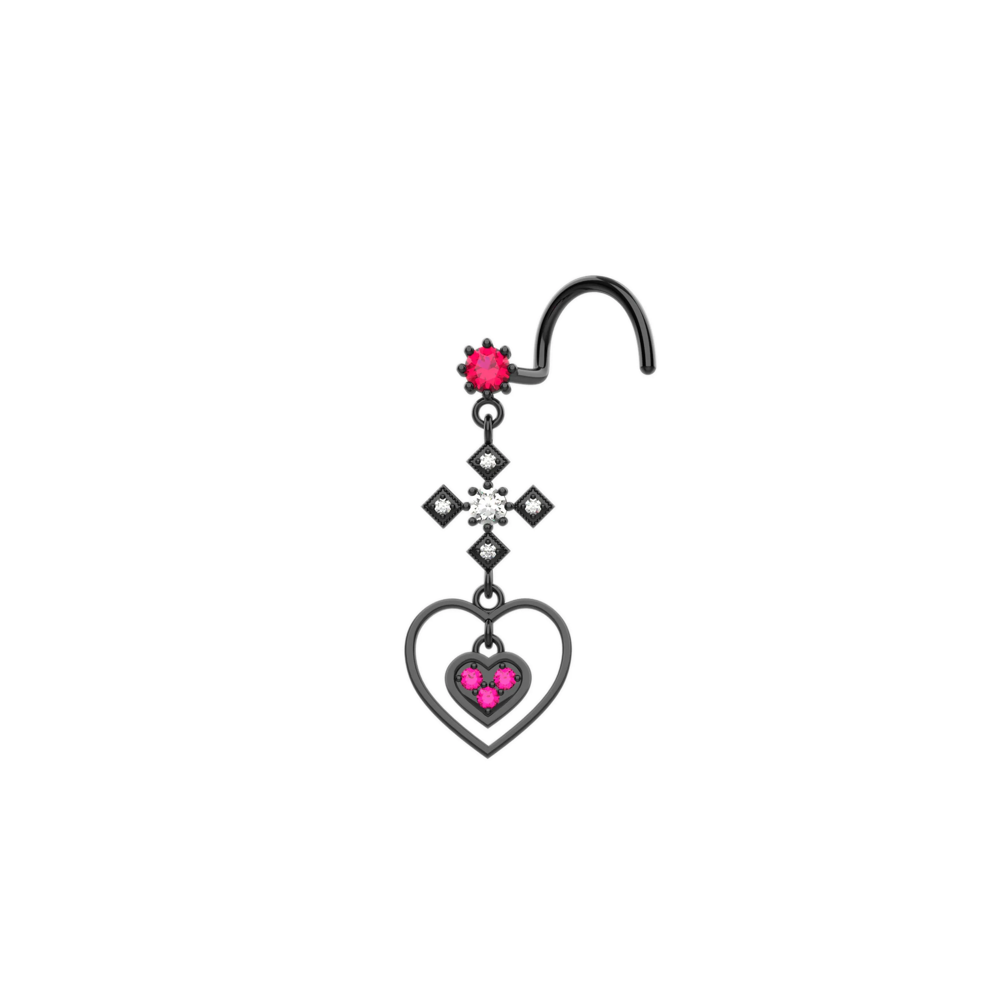 Cross Nose Ring with Dangling Heart – Gold & Silver Nose Piercing